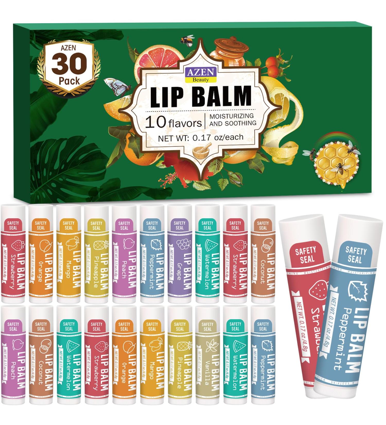 AZEN 30 Pack Lip Balm Natural Lip Balm Bulk Lip Care Product Moisturizing Lip Balms for dry cracked lips Valentines Gifts Easter Basket Stuffers - 10 Flavors A-30 - Buy Online on GoSupps.com