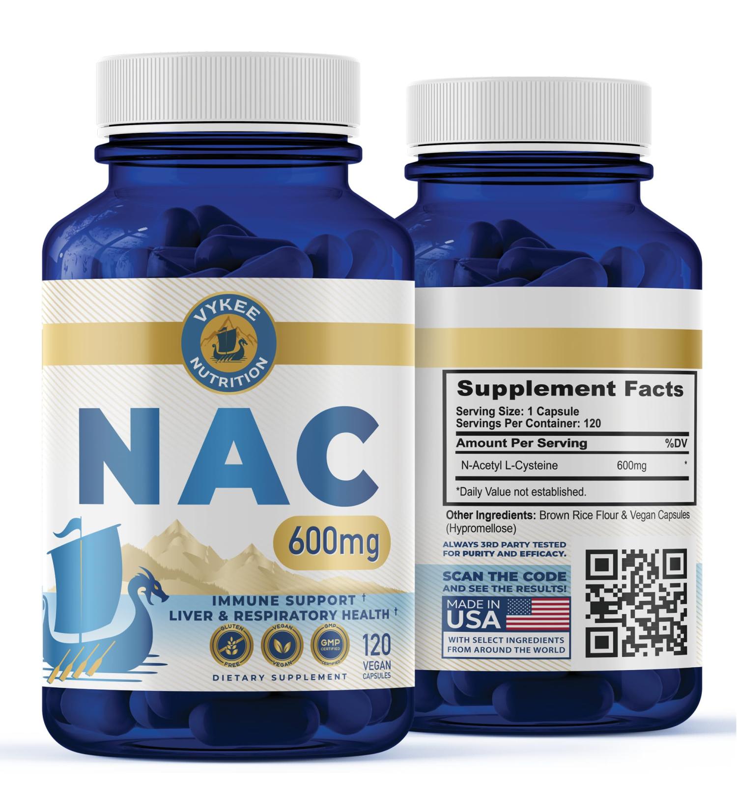 Vykee Nutrition NAC Capsules 600mg N-Acetyl L-Cysteine | Vegan Non-GMO | Supports Antioxidant Production Liver Health & Immune Function | 120 Capsules - Buy Online on GoSupps.com