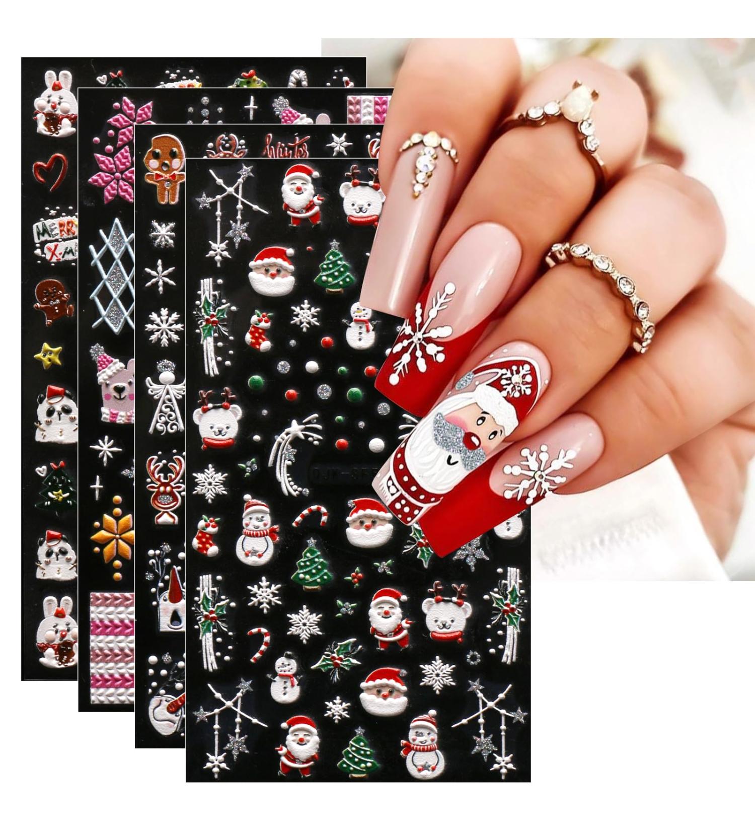 JMEOWIO 3D Embossed Christmas Glitter Nail Art Stickers Decals Self-Adhesive 5D Snowflake Xmas Winter Holiday Santa Cute Nail Supplies Nail Art Design Decoration Accessories 4 Sheets - Buy Online on GoSupps.com