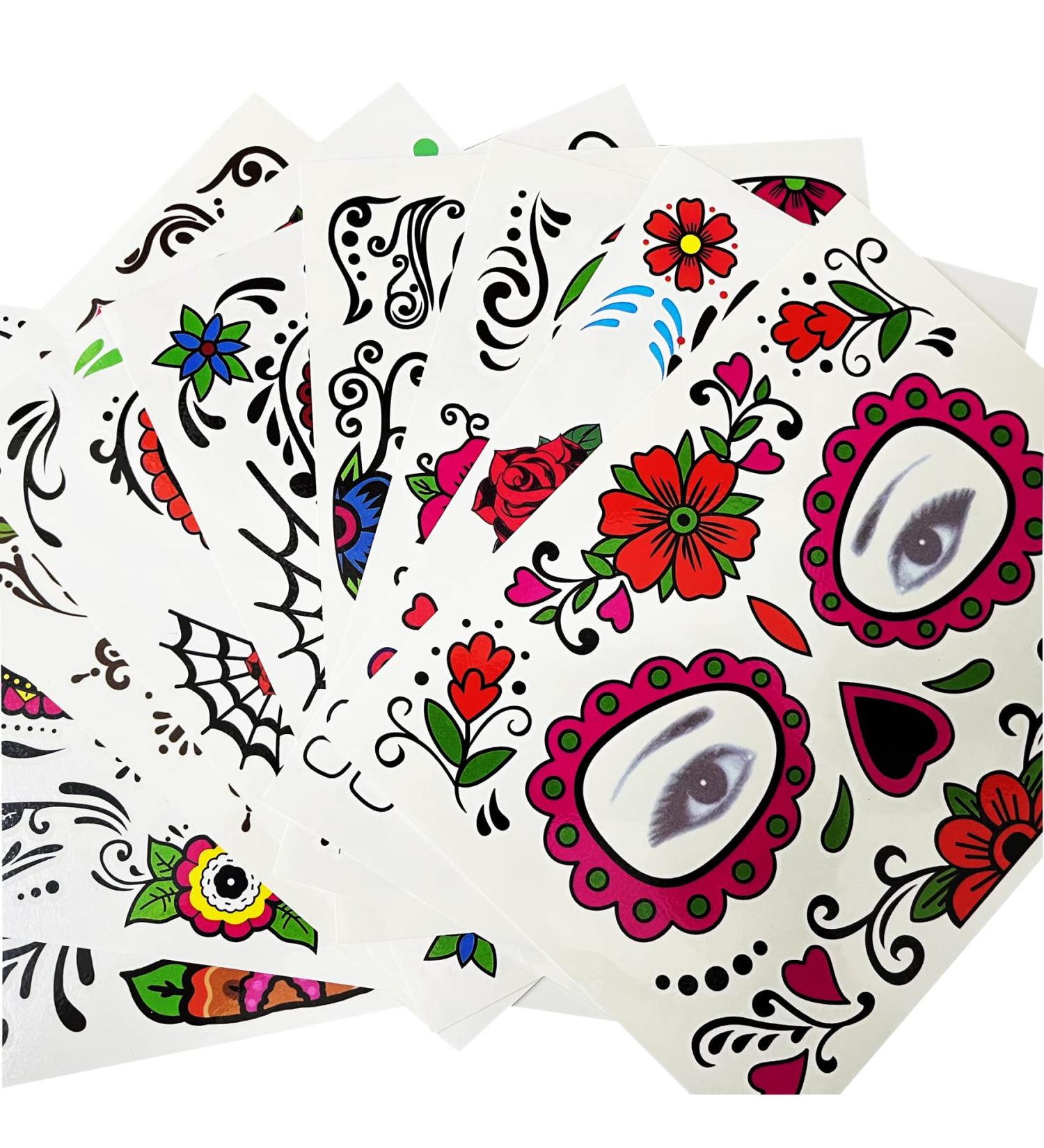 Day of Dead Face Tattoos Set: 6-Sheet Sugar Skull Temporary Stickers & 3-Sheet Floral Skeleton Mask - Halloween Makeup for Women, Girls, Kids - Buy Online on GoSupps.com