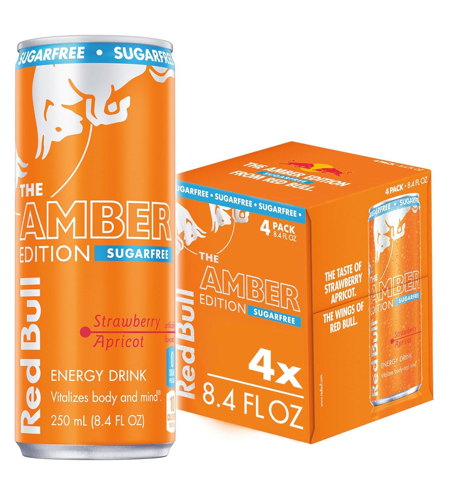Red Bull Amber Edition Sugar Free Energy Drink - Strawberry Apricot - with 80mg Caffeine plus Taurine & B Vitamins - 8.4 Fl Oz - Pack of 4 Cans - Buy Online on GoSupps.com
