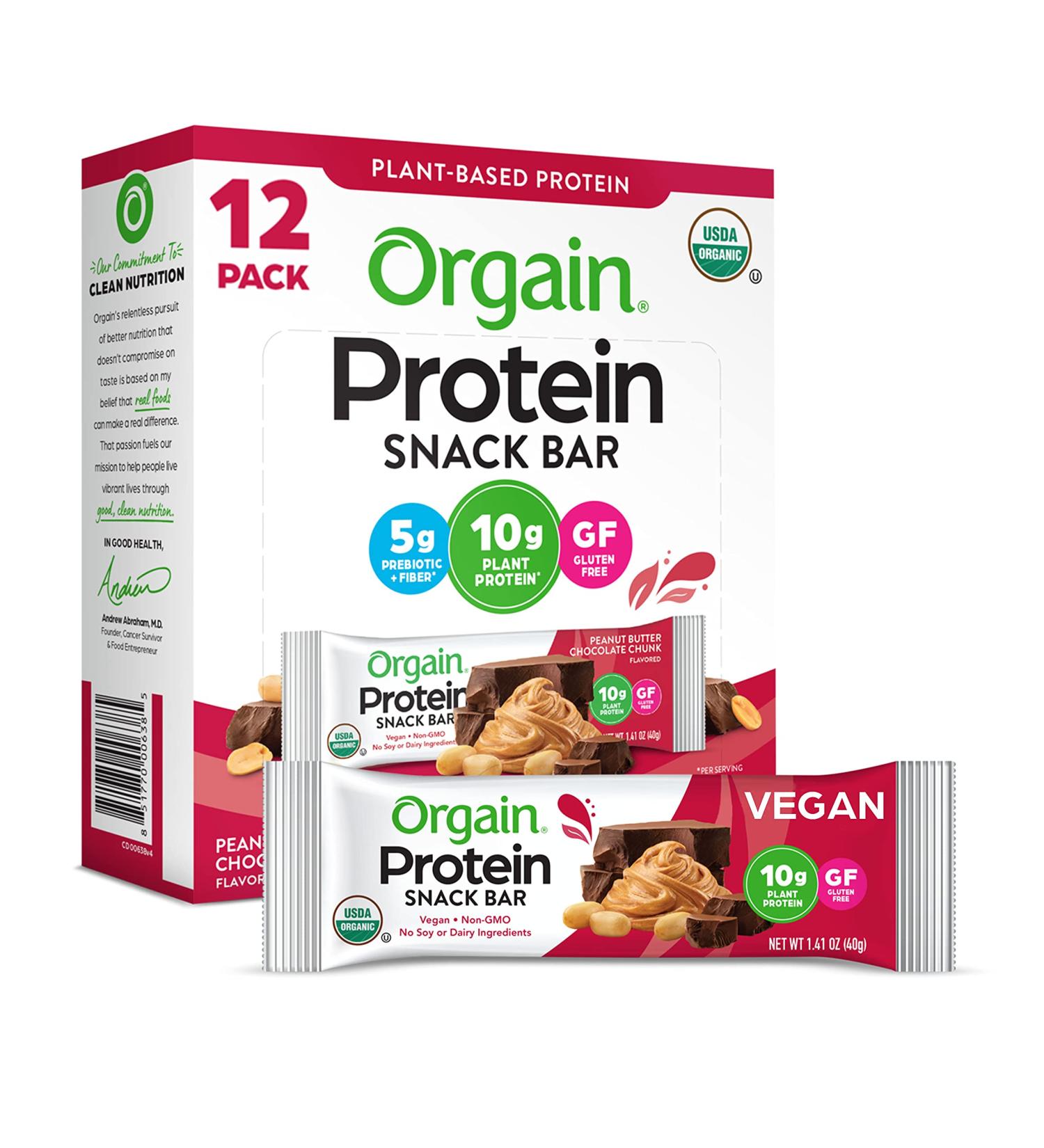 Orgain Organic Plant-Based Protein Bars - Peanut Butter Chocolate Chunk 12 Pack (1.41 oz Each) - Buy Online on GoSupps.com
