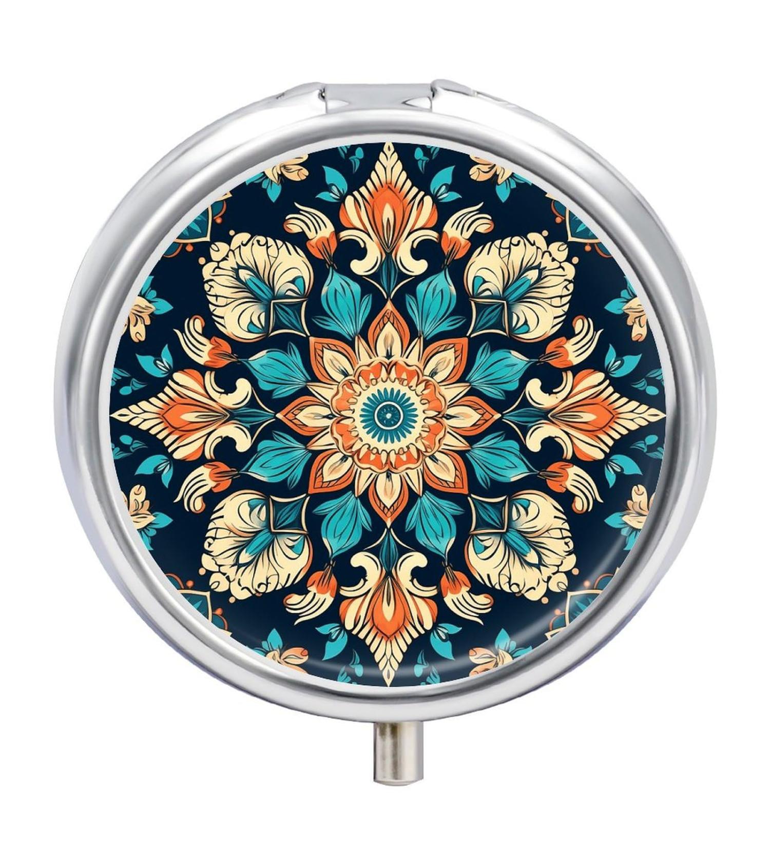 Buy Vintage Mandala Flowers 3-Compartment Pill Box | Decorative Metal Pill Organizer - Portable & Stylish Pill Case for Travel - Buy Online on GoSupps.com