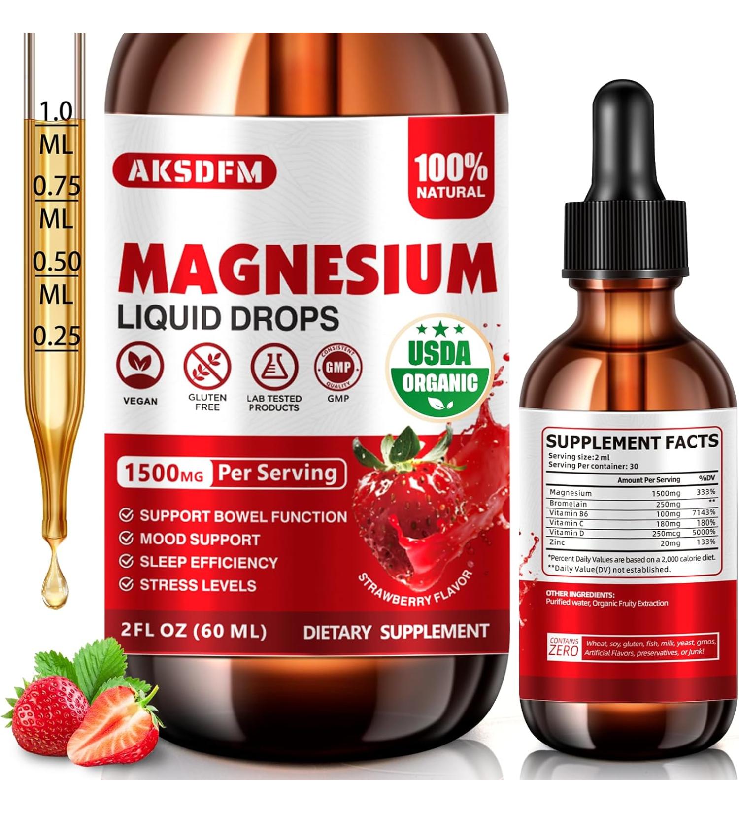 AKSDFM Magnesium Glycinate Liquid 1500mg Maximized Absorption Magnesium Complex Supplement to Support Stress Relief - Strawberry - 2 Oz - Buy Online on GoSupps.com