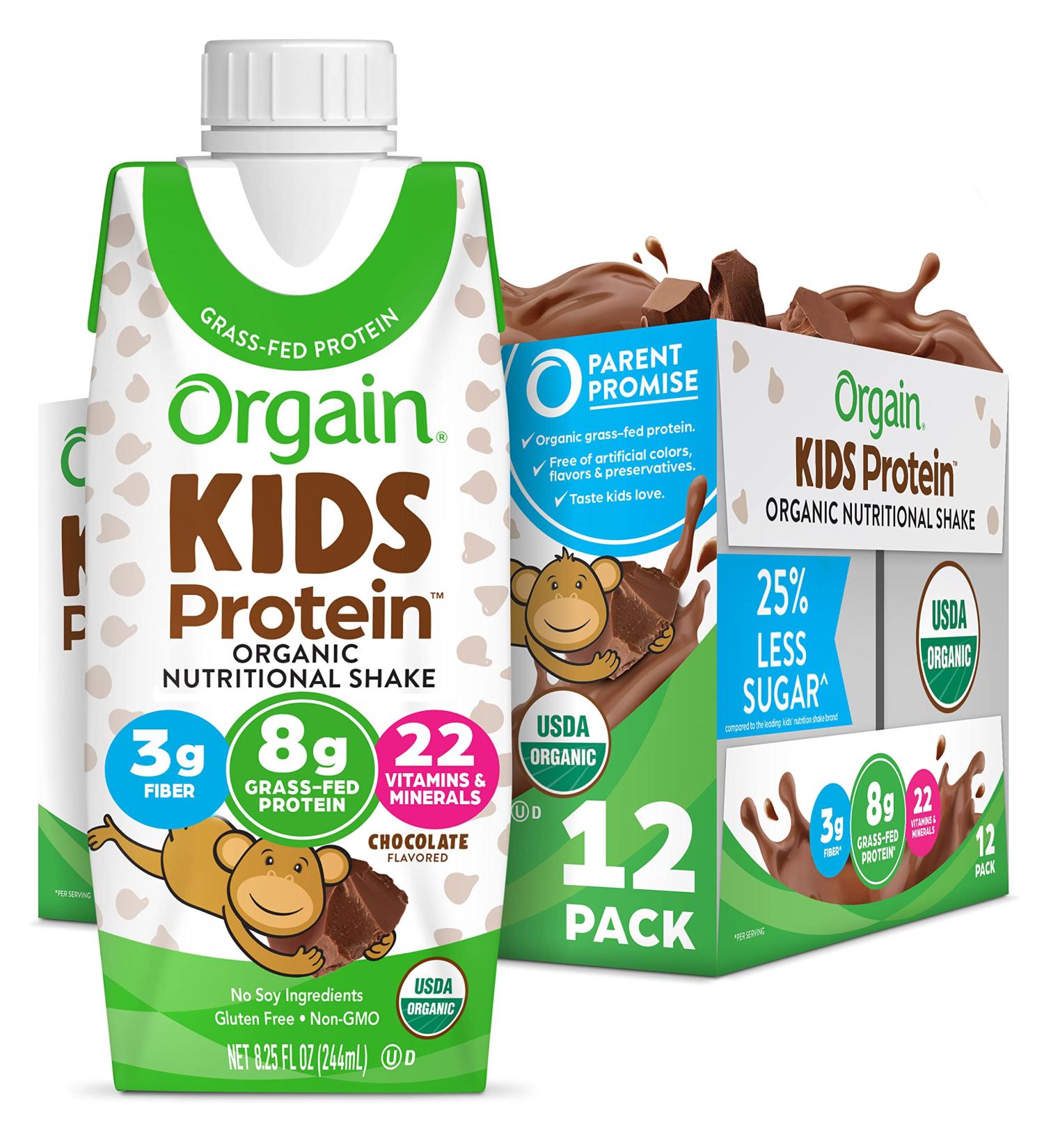 Orgain Organic Kids Protein Shake - Chocolate, 8g Protein, 22 Vitamins, Gluten-Free, Non-GMO, 12 Ct - Buy Online on GoSupps.com