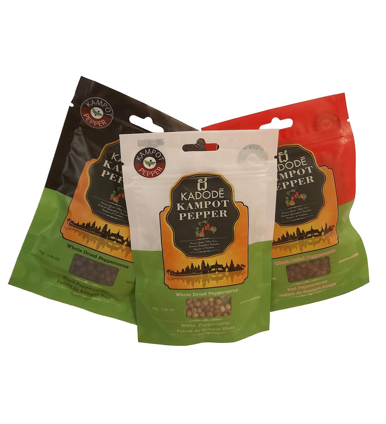 Kadode Kampot Pepper Variety Pack of Black Red and White Peppercorns for Grinder Organic Authentic Cambodian Kampot Pepper Natural Fair-Trade and Traceable to The Farmer (Pack of 3 x 50g Each) - Buy Online on GoSupps.com