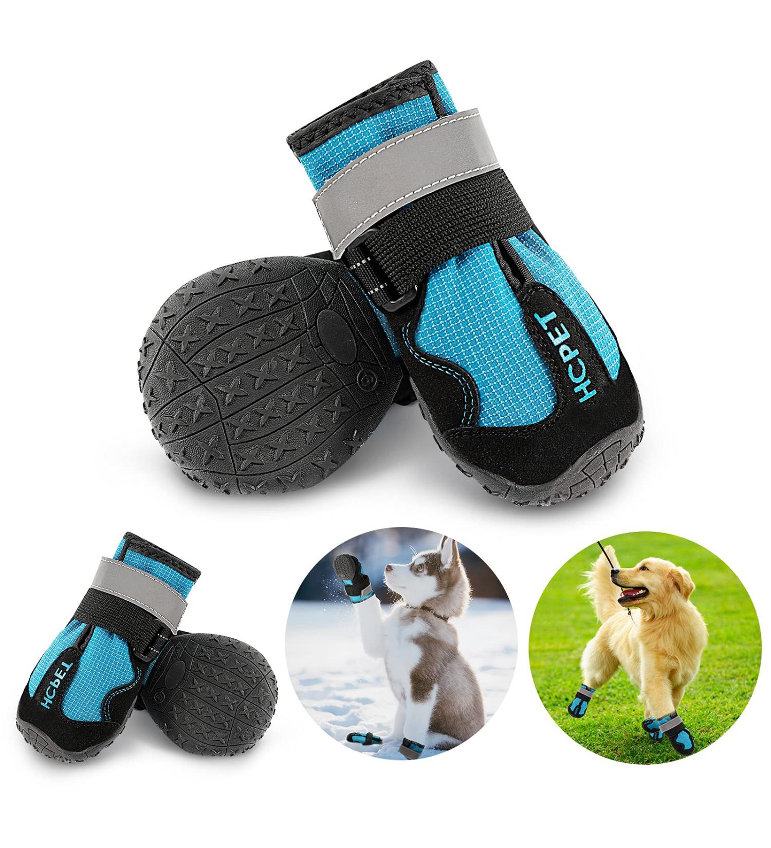 COMSLE Waterproof Dog Boots for Large Dogs | 4Pcs Set Paw Protectors with Reflective Straps | Anti Slip Soles | Size 6 (Width 5.6-6.6CM) Blue - Buy Online on GoSupps.com