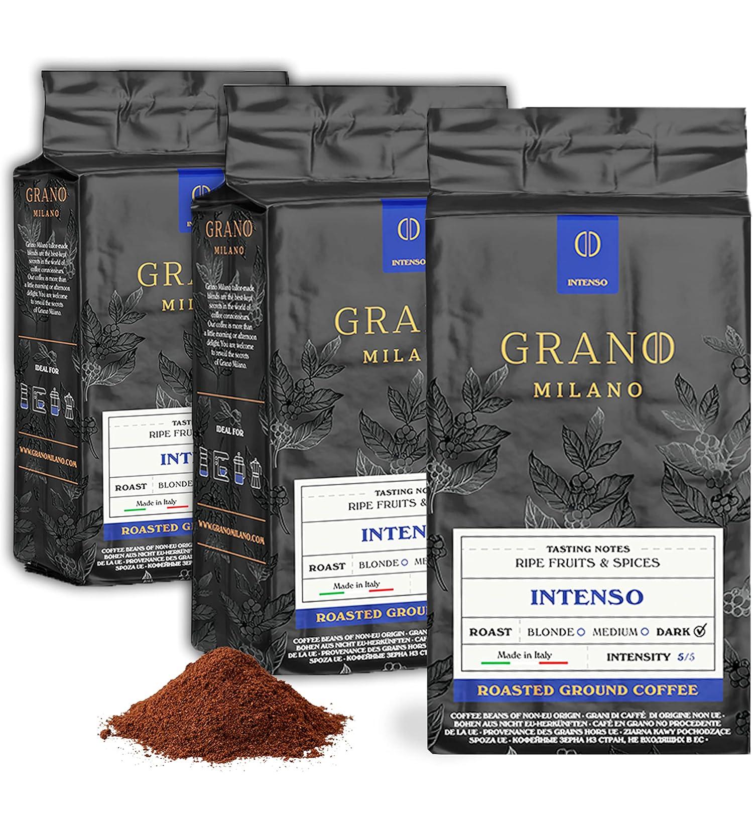 Grano Milano Ground Coffee Intenso Arabica and Robusta Dark Roast Intensity 5/5 Extra Strong Coffee - 26.45 Oz - Pack Of 3 - Buy Online on GoSupps.com