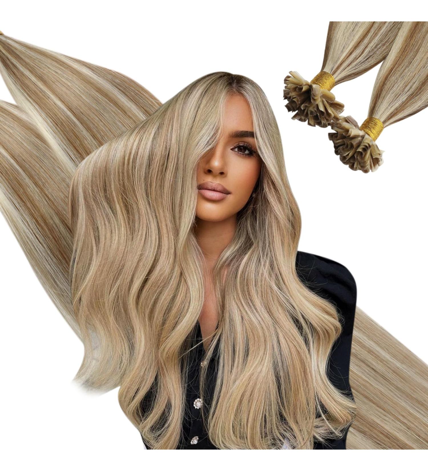 Ugeat Real Hair U Tip Keratin Extensions - Light Brown & Bleach Blonde Highlights 50 Strands 40cm (16 inch) Remy Hair #10P613 - Buy Online on GoSupps.com