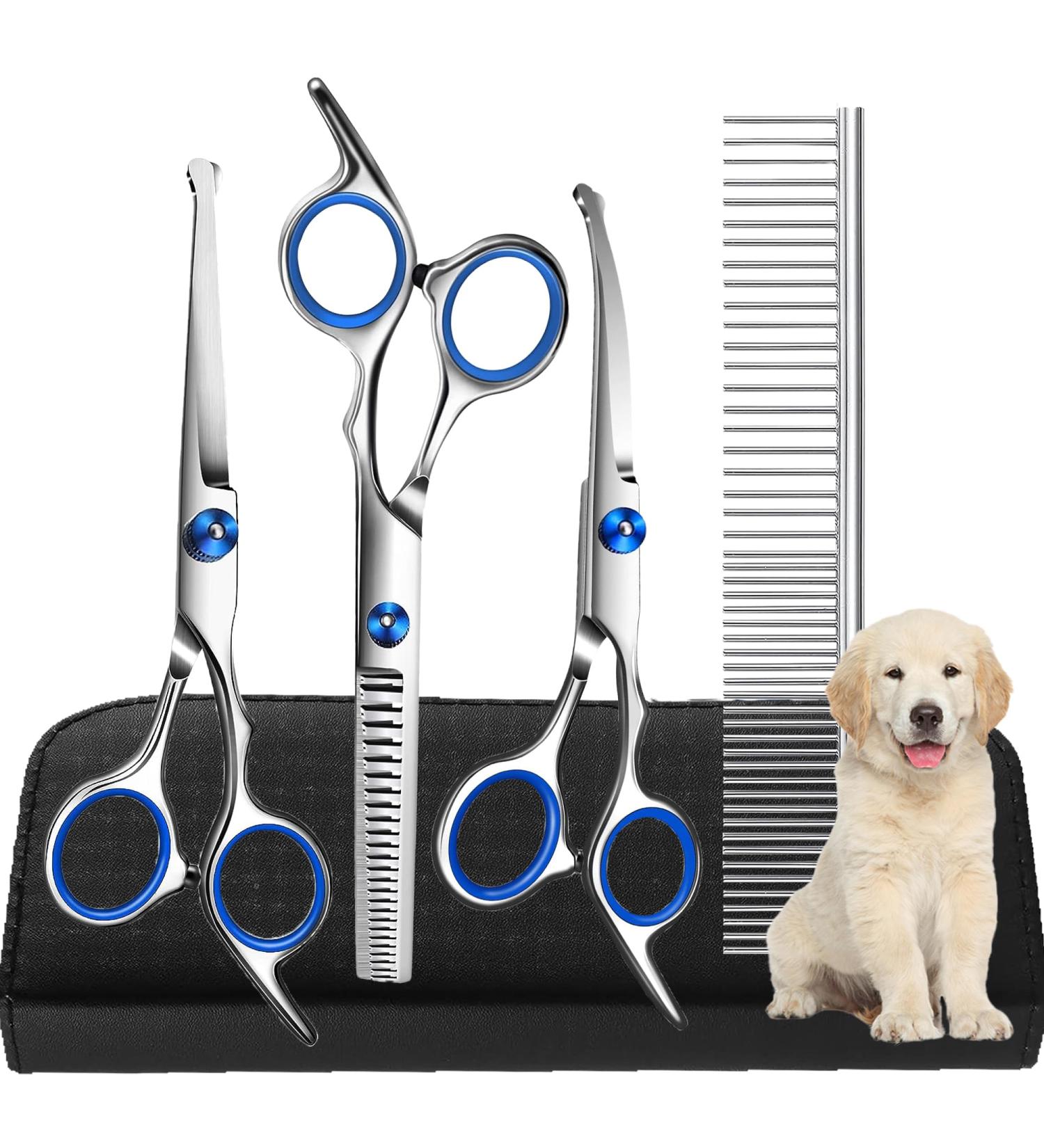 6.7 Inch Stainless Steel Dog Grooming Scissor Kit with Safety Round Tips - Pet Grooming Shears Set with Thinning & Curved Scissors for Hair Fur Care - Buy Online on GoSupps.com