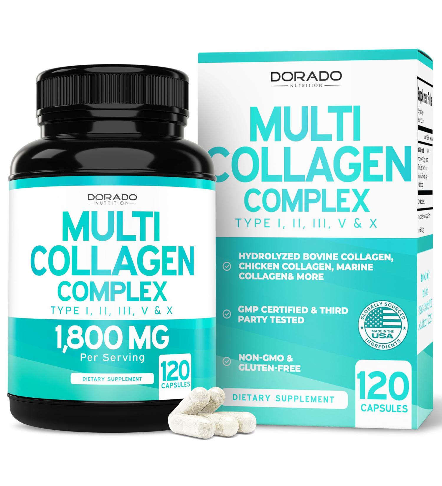 Multi Collagen Pills for Women & Men (120 Capsules) Type I II III V and X - Pure Hydrolyzed Collagen Peptides Supplement - Hair Skin Nails & Joint Support - 3rd Party Tested Non GMO & USA Made - Buy Online on GoSupps.com