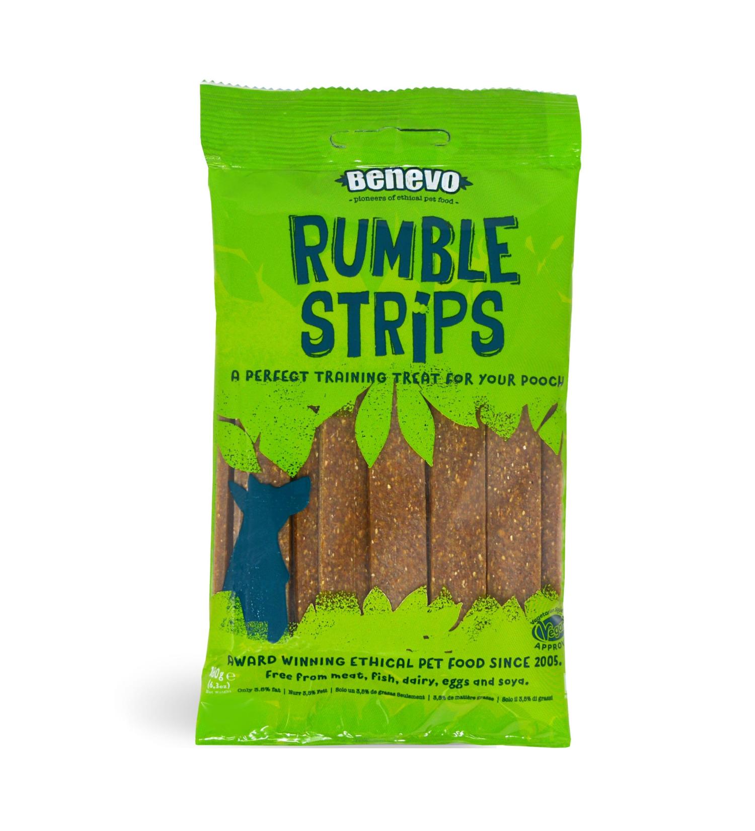 Benevo Vegan Dog Chews. Low fat Rumble Strips ideal training treats or rewards. Cold pressed jerky style chews soft enough to tear. Non-GM vegetarian hypoallergenic. Approx 20 chews per pack 180g 180 g (Pack of 1) - Buy Online on GoSupps.com
