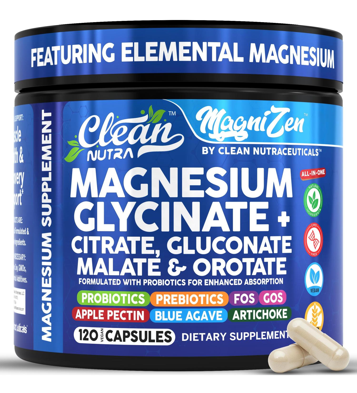 Clean Nutra Magnesium Glycinate Citrate Malate Orotate Taurate Supplement Complex + 10 Strain Probiotic Prebiotics FOS GOS Inulin Sleep Calm Support Apple Pectin 120 Vegan Capsules - Buy Online on GoSupps.com