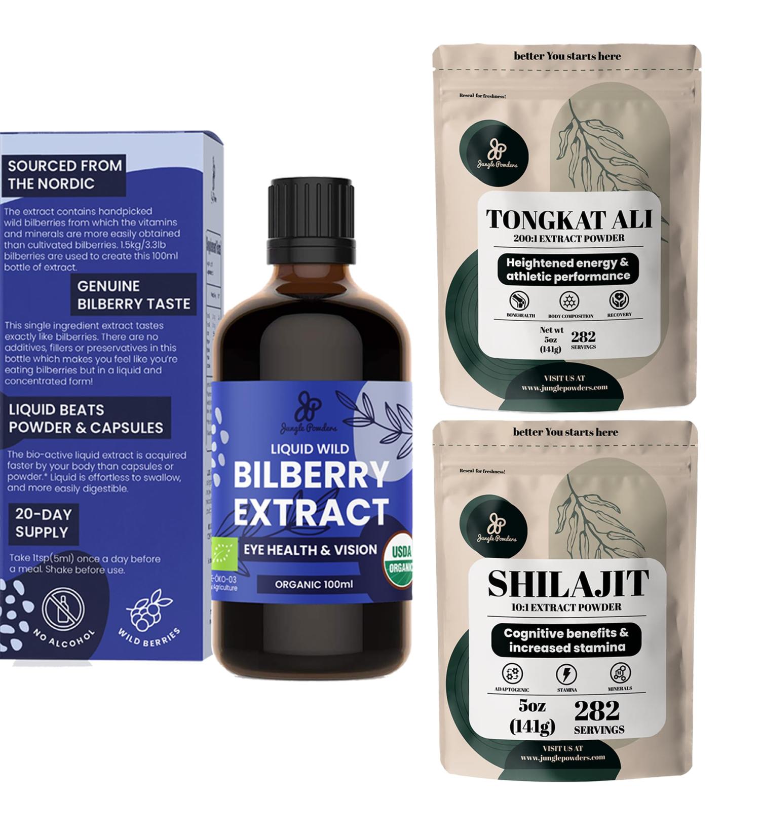 Jungle Powders Bilberry Extract for Eyes Organic Bilberry Supplement for Eyes Shilajit Powder Raw Shilajit for Men 5 Ounce Bag Tongkat Ali for Men Powder 282 Servings Tonkat-Ali Longjack Root - Buy Online on GoSupps.com