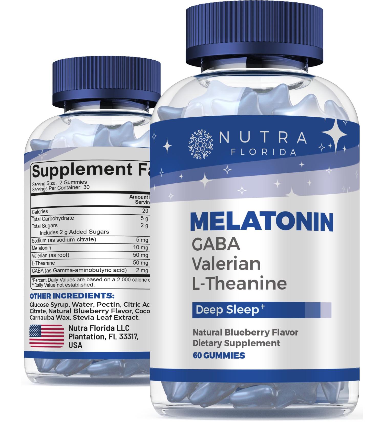 Nutra Florida Melatonin Gummies 10mg with L-Theanine + Valerian Root & GABA Sleep and Restore Gummies for Adults Natural Nighttime Support Vegan Non-GMO Gluten Free Safe & Non-Habit Forming - Buy Online on GoSupps.com