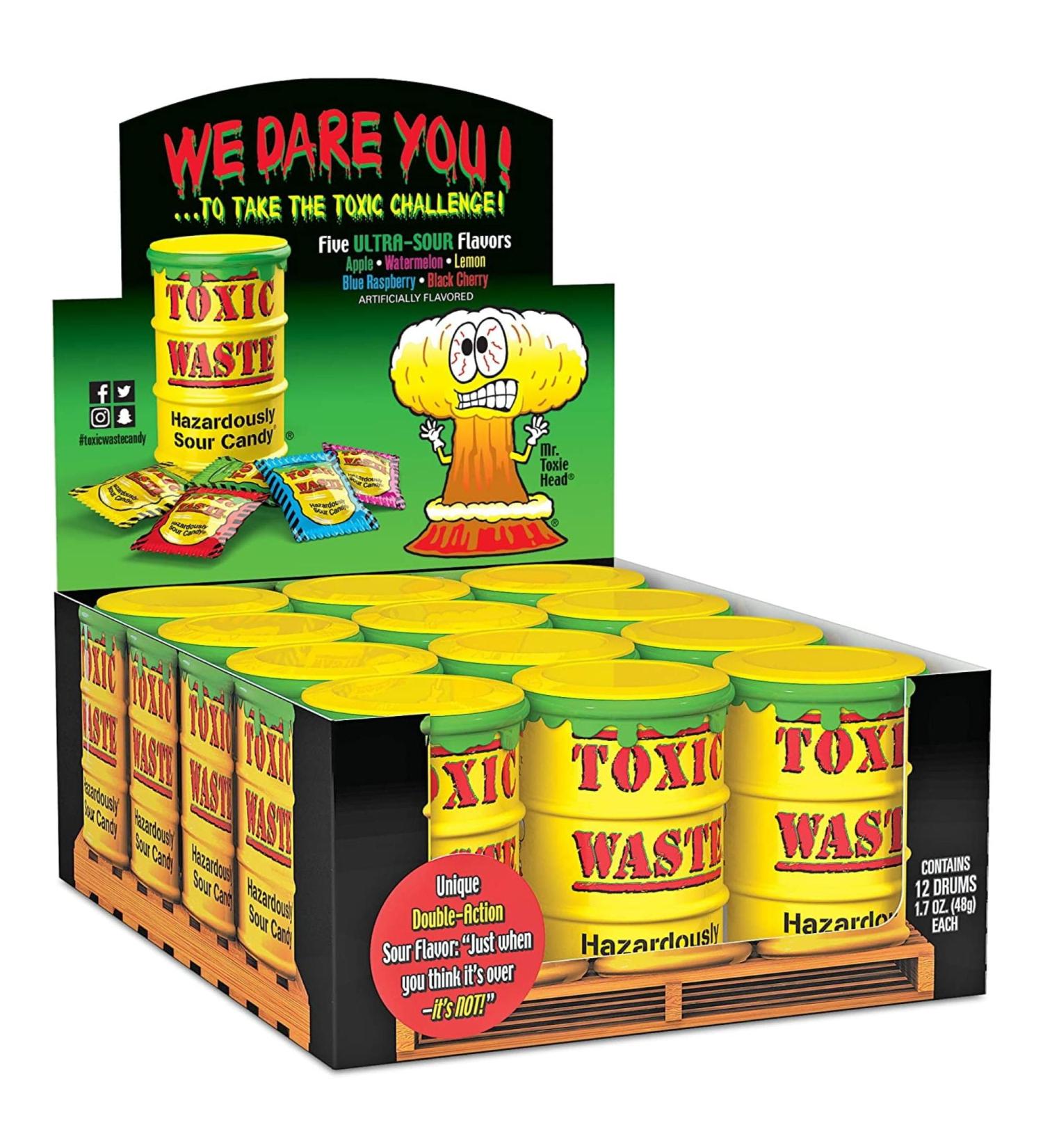 Toxic Waste Candy Yellow Drums 12 pack 42g per can - Apple Watermelon Lemon BlueRaspberry Black Cherry Original from USA