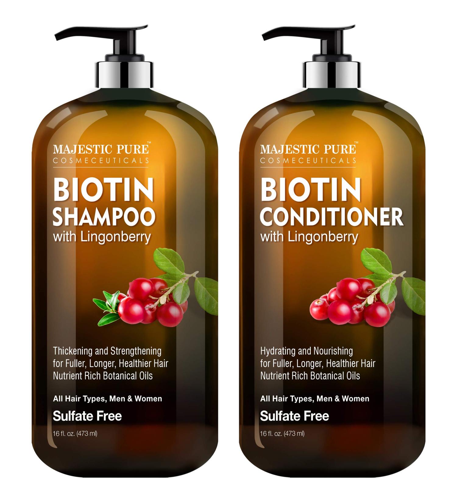 Biotin Shampoo & Conditioner Set with Lingonberry - Hair Loss Solution, Sulfate-Free, Color Safe | Majestic Pure 16 fl oz - Buy Online on GoSupps.com