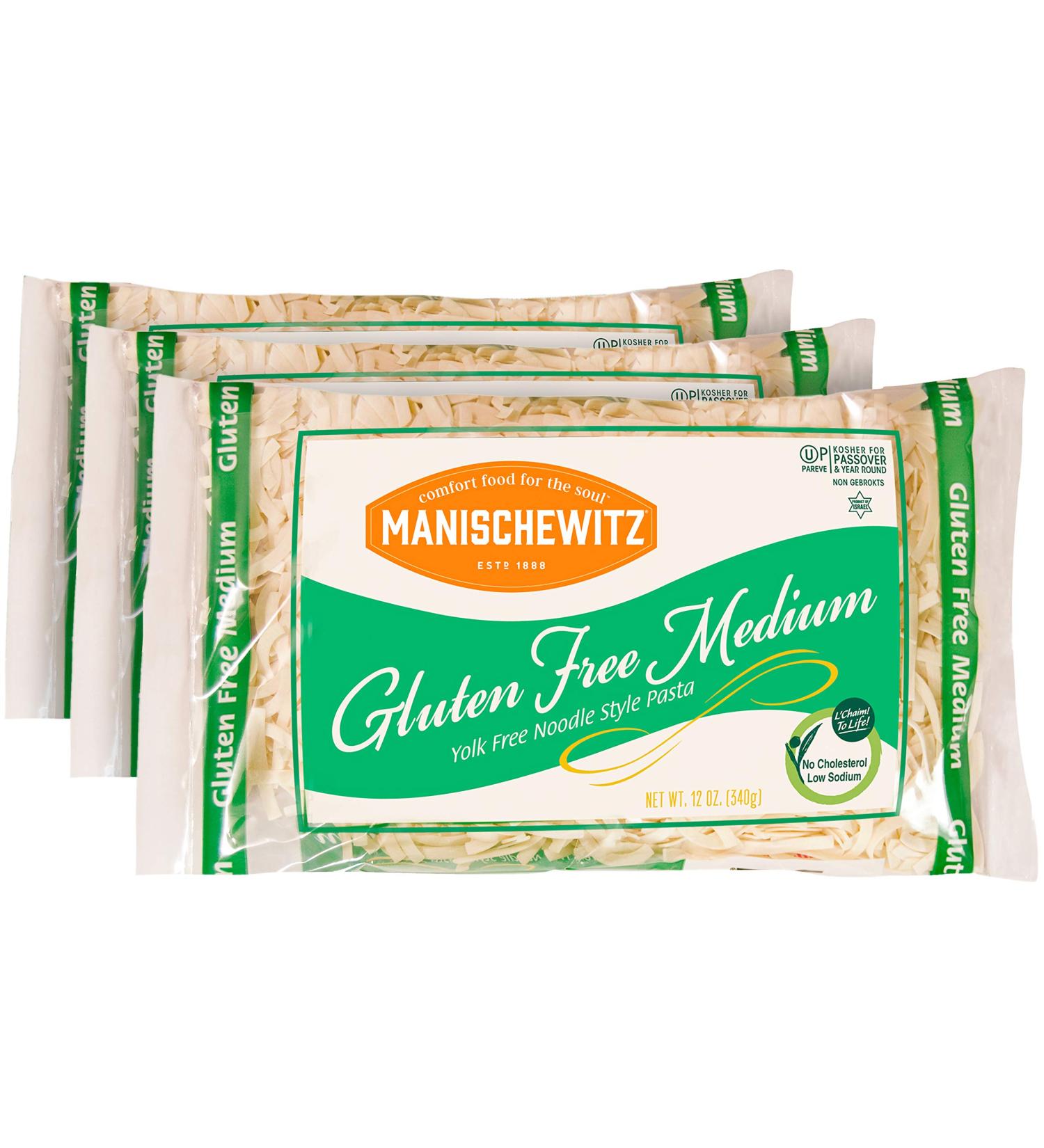 Manishewitz Gluten Free Medium Noodles 12oz (3 Pack) All Natural, Yolk Free, Low Sodium, Kosher for Passover and Year Round
