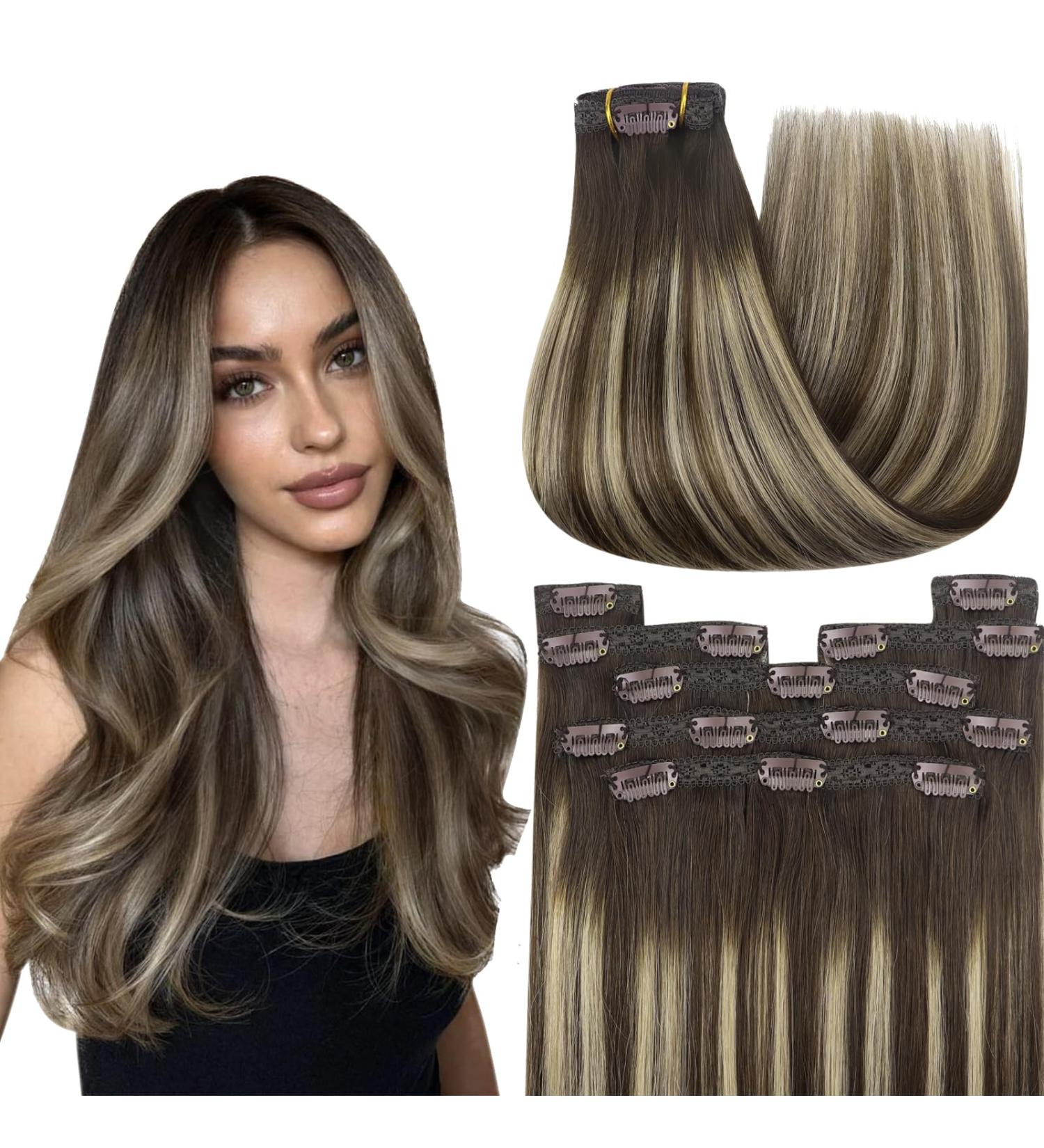 Youngsee Real Hair Extensions - Ombre Clip-In Balayage - Dark Brown to Ash Blonde - 35cm Human Hair - 120g (7 PCS) #4/18/4 - Buy Online on GoSupps.com