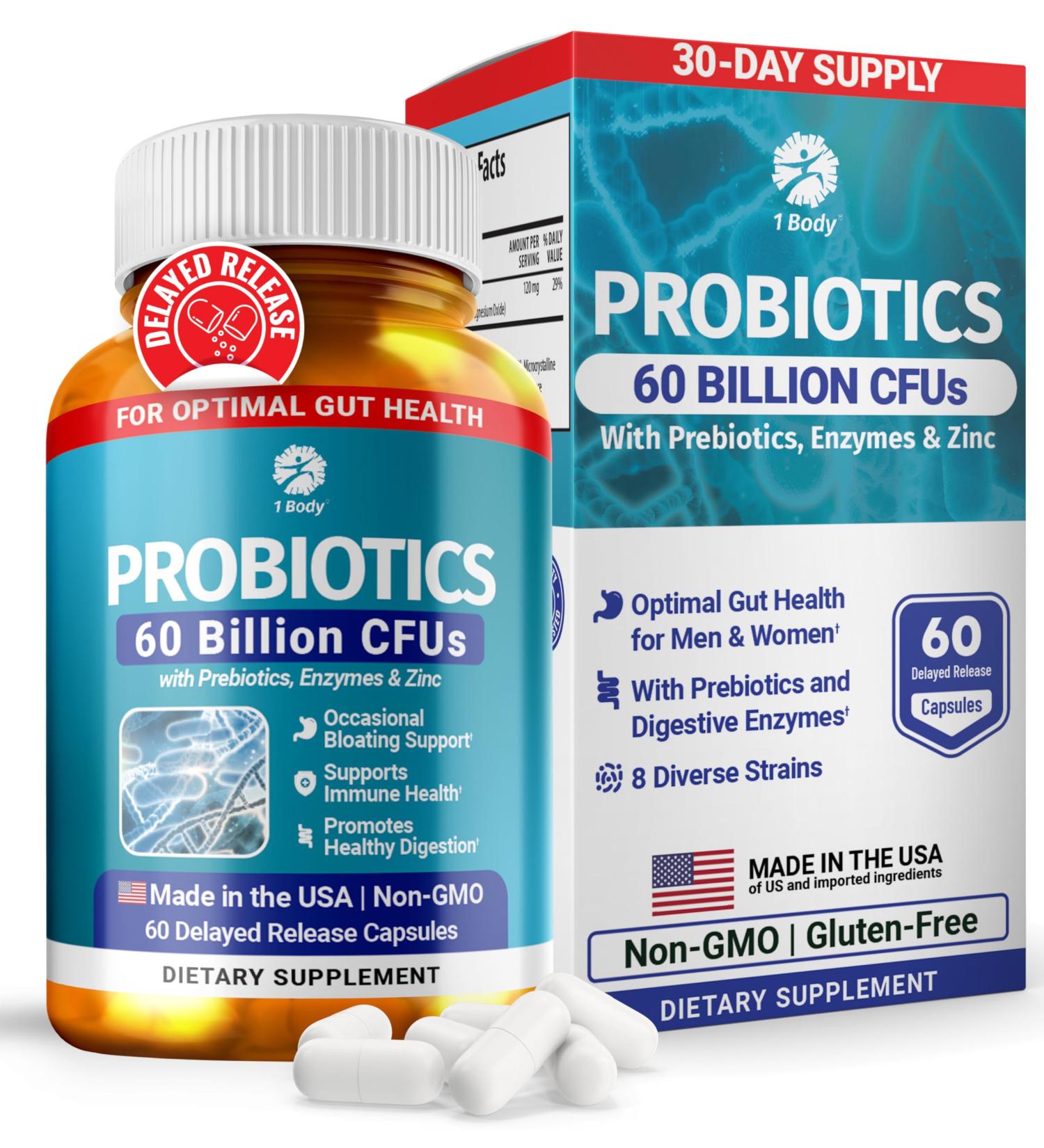 1 Body 60 Billion Probiotics for Men & Women Gut Health for Men & Women with Prebiotics Digestive Enzymes Zinc & L-Glutamine Supports Digestive Comfort Non-GMO 60 Vegan Probiotic Capsules 60 Count (Pack of 1) - Buy Online on GoSupps.com