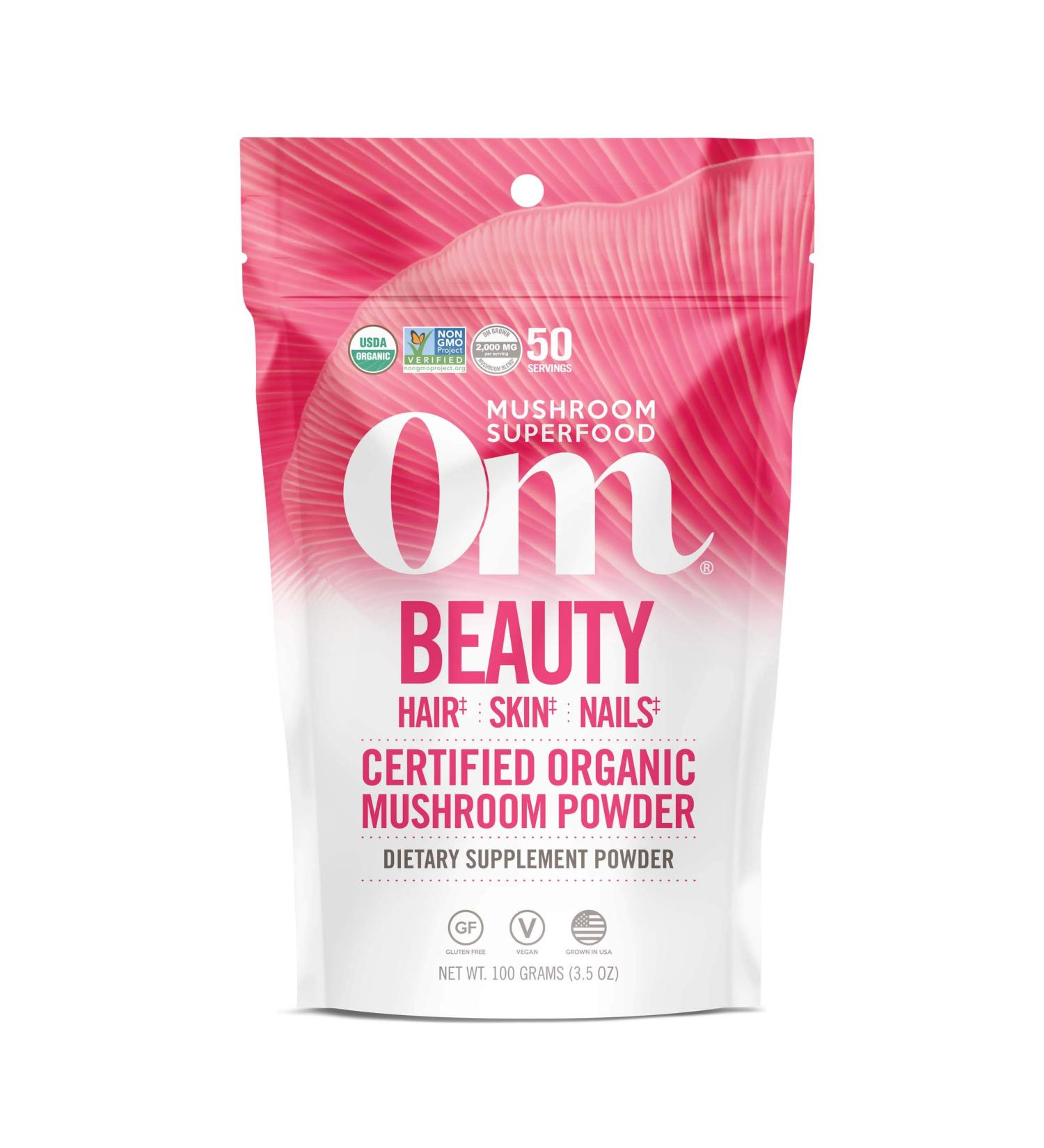 Om Mushroom Beauty Blend Powder - Superfood Supplement for Hair, Skin & Nails | 3.5 oz | Chaga, Cordyceps, Maitake - Buy Online on GoSupps.com
