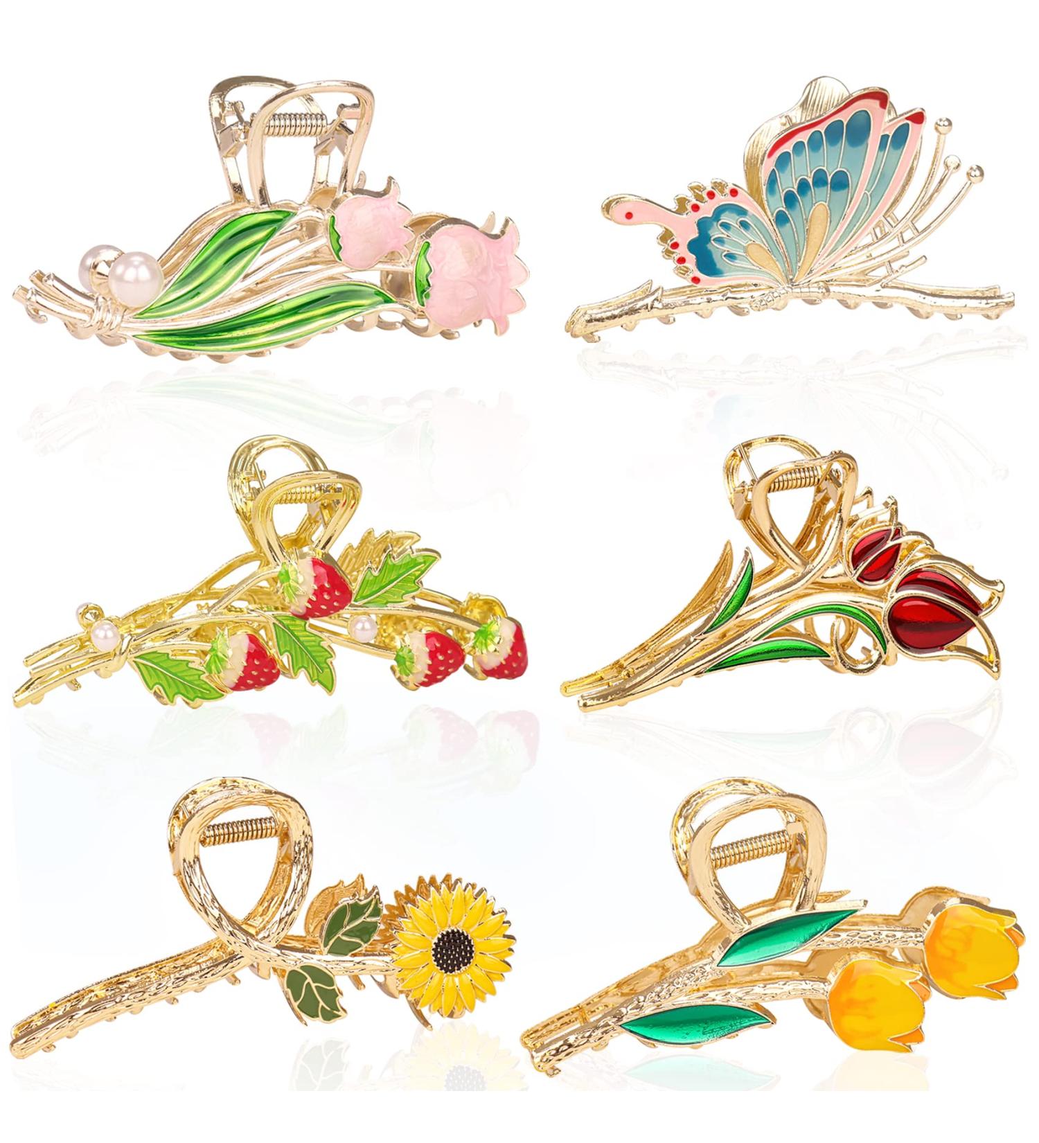 6 Pcs Large Metal Flower, Tulip, Strawberry & Butterfly Hair Claw Clips - Strong Hold Clamps for Long, Thick, Thin, Curly Hair - Fashion Accessories for Women and Girls - Buy Online on GoSupps.com