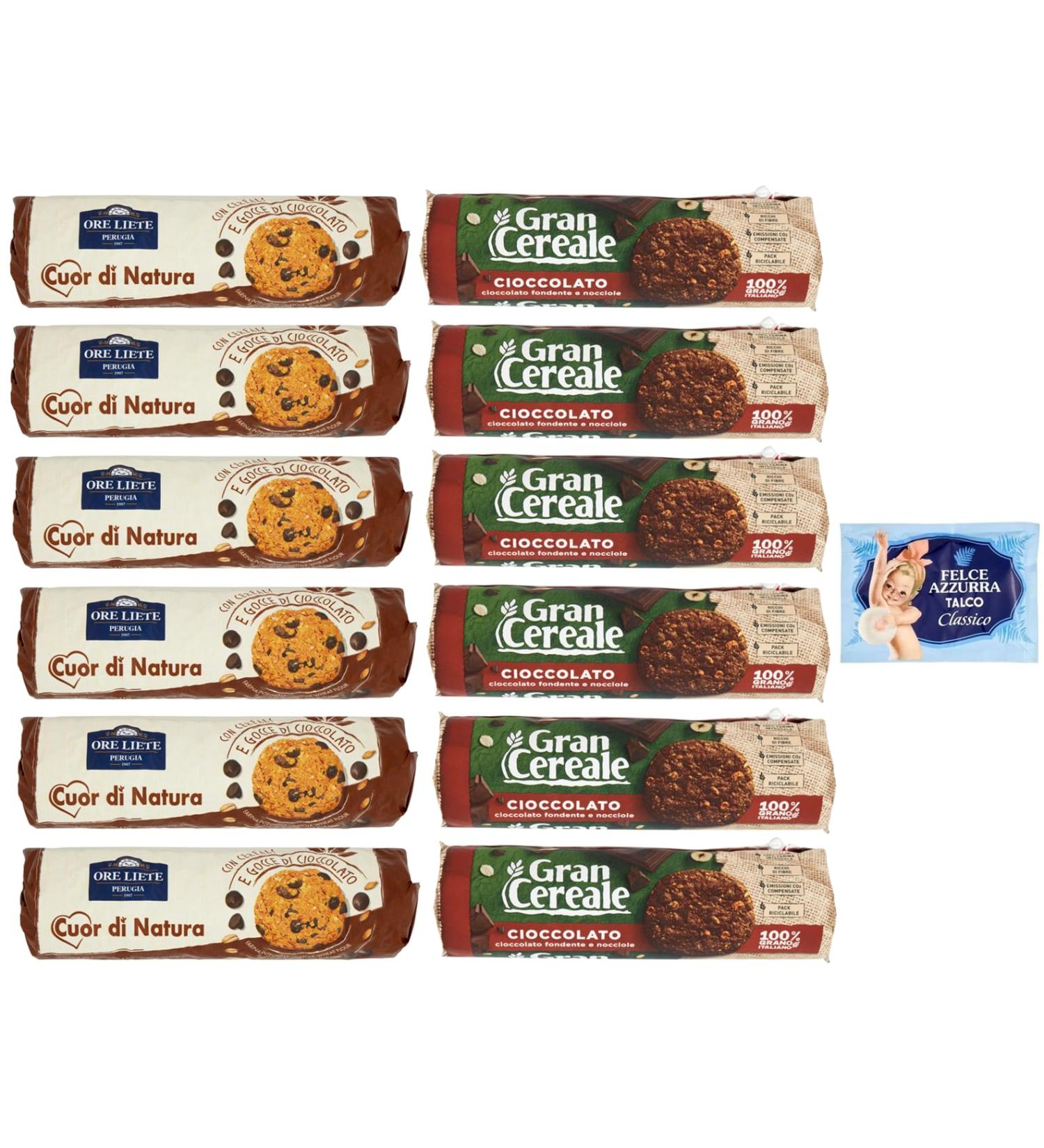 Set of 12 Biscotti Cereali Cioccolato Ore Liete 250 g + Gran Cereale 230 g Biscuits with cereals and chocolate Packed in a tube + 1 packet of free Felce Azzurra talc sachet of 100 g - Buy Online on GoSupps.com