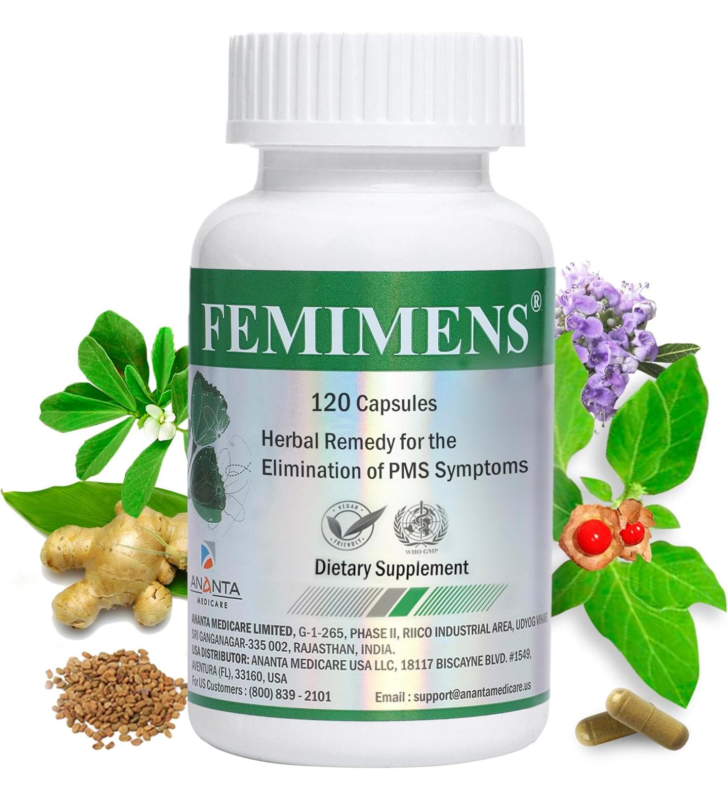 FEMIMENS Ananta Medicare Herbal Remedy for PMS Relief - 120 Capsules | Dietary Supplement for Women's Health - Buy Online on GoSupps.com