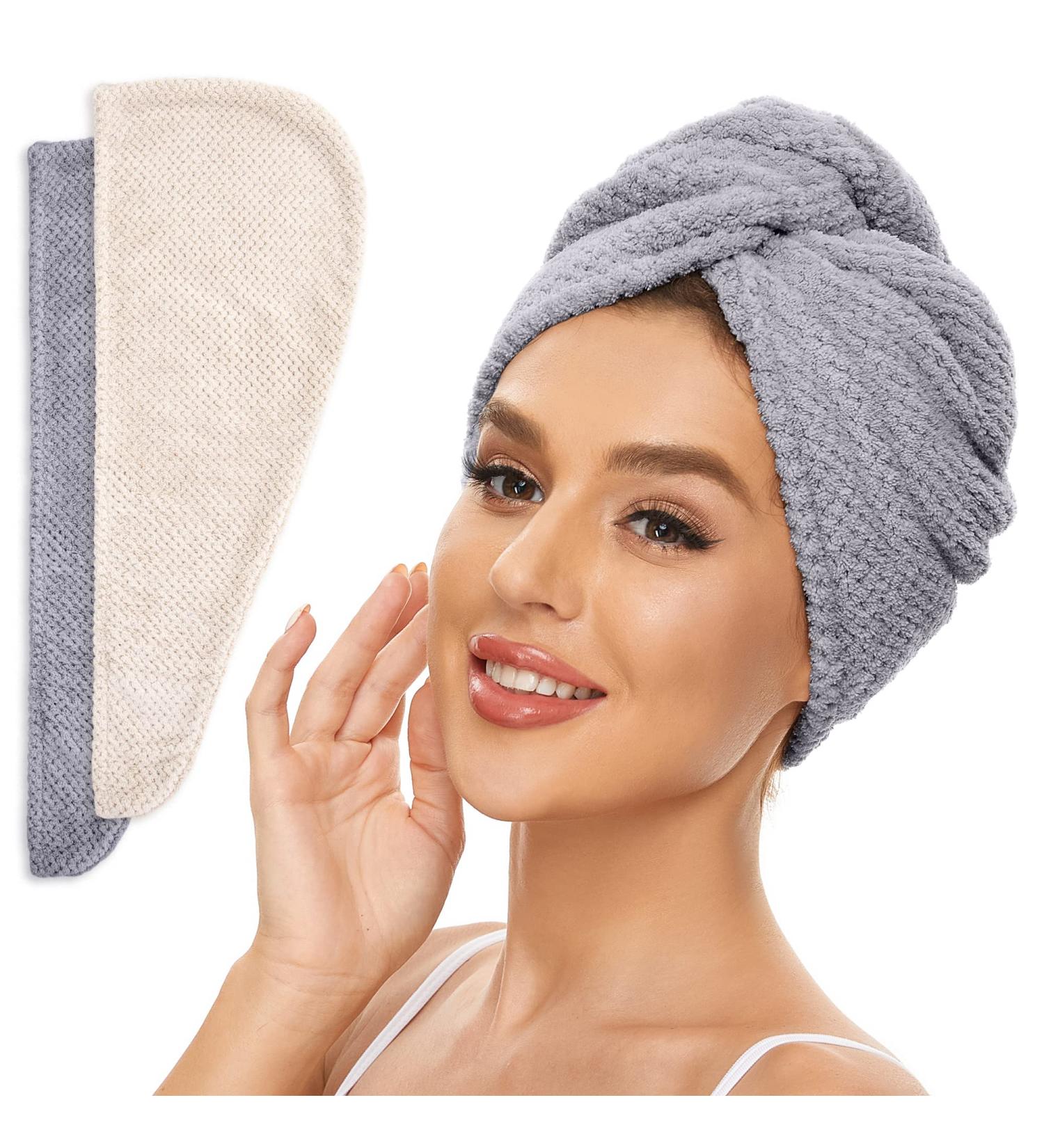 Microfiber Hair Towel 2 Pack - Quick Drying Hair Turban for Women, Men, Kids - Beige + Grey - Buy Online on GoSupps.com