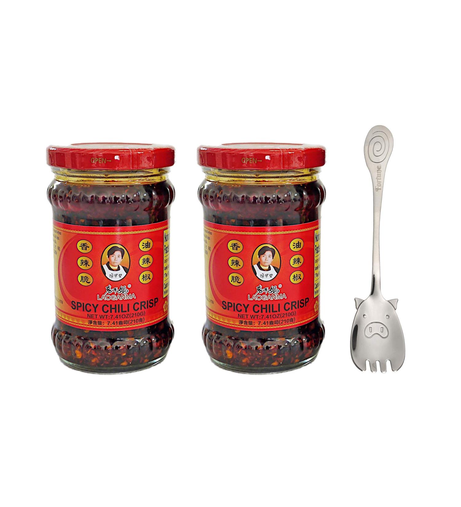 Lao Gan Ma Spicy Chili Crisp - Chinese Chili Oil Hot Sauce with Roasted Pepper Flakes - 7.41oz (2 pack) + Bonus Spork - 210g - Buy Online on GoSupps.com