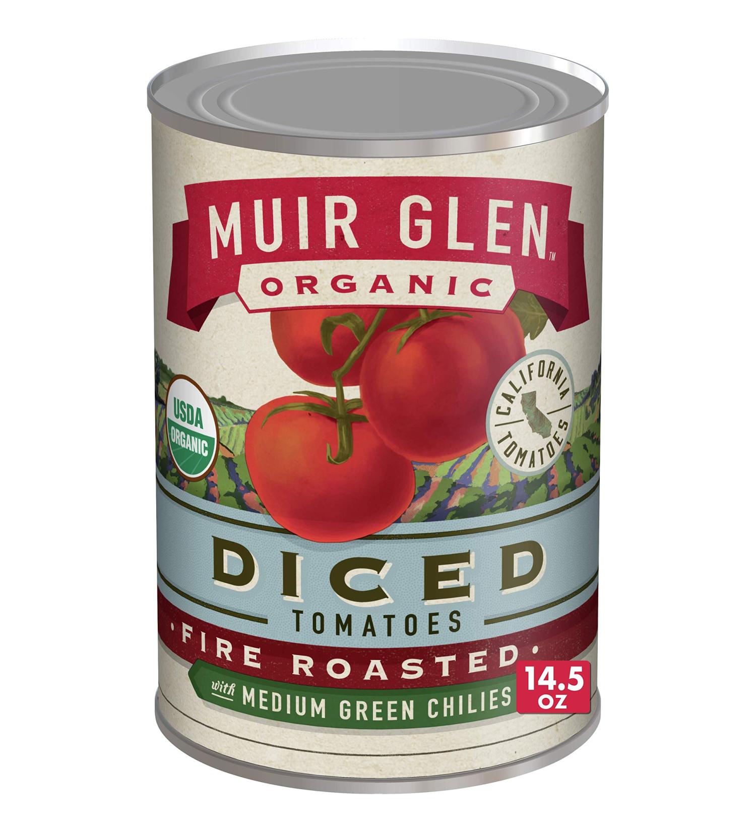 Organic Fire Roasted Diced Tomatoes with Green Chilies - Muir Glen 14.5 oz - No Sugar Added - Buy Online on GoSupps.com