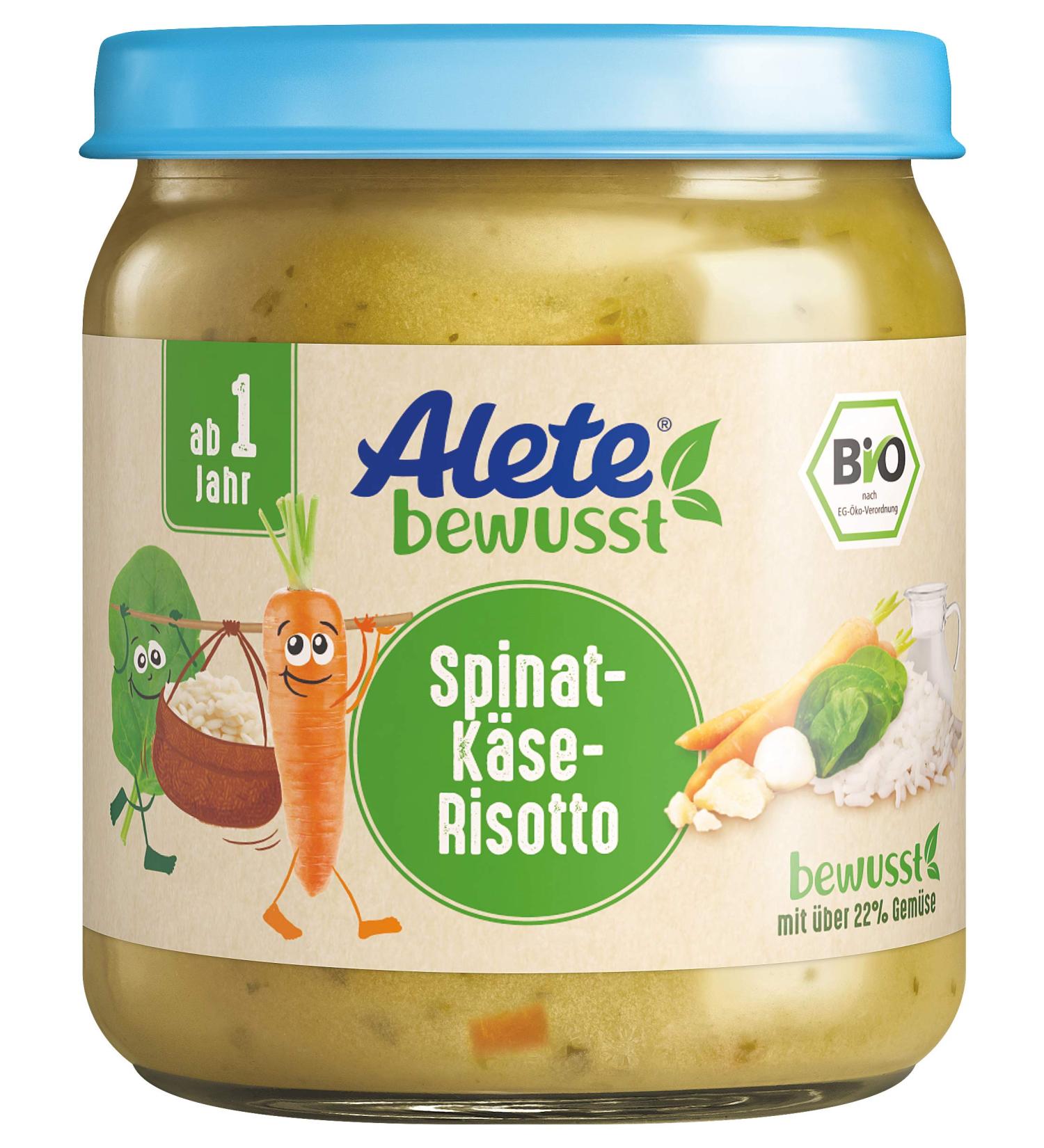 Alete consciously organic spinach cheese risotto from 1 year baby food in glasses with rice carrots & cheese children's meal in organic quality without adding sugar and aroma fabrics 6 x 250 g spinach cheese risotto 250 g (6-pack)