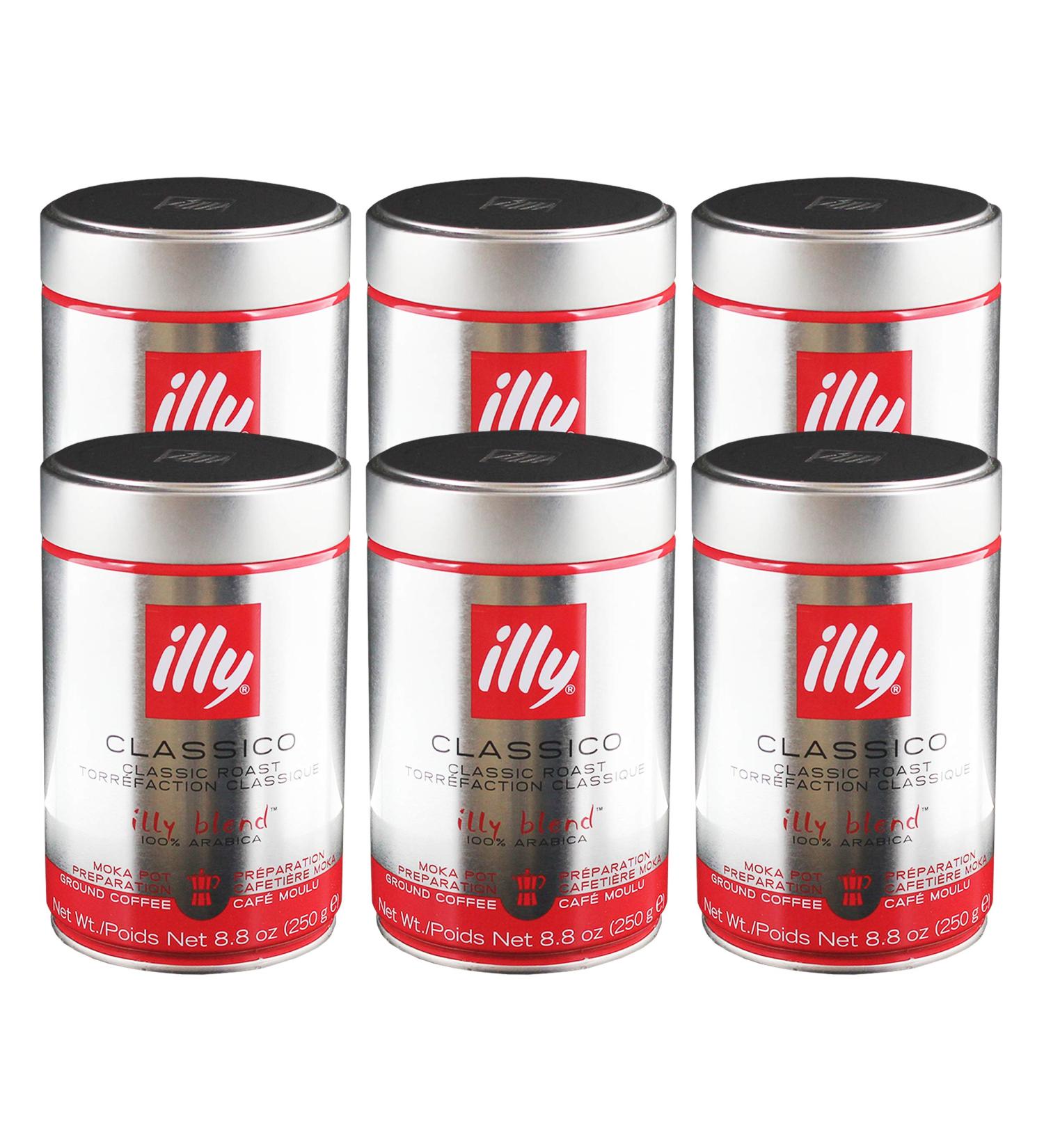 Illy Moka 100% Arabica Ground Coffee - Espresso Normal Roast 6 x 250g Cans - Premium Italian Coffee for International Shipping - Buy Online on GoSupps.com