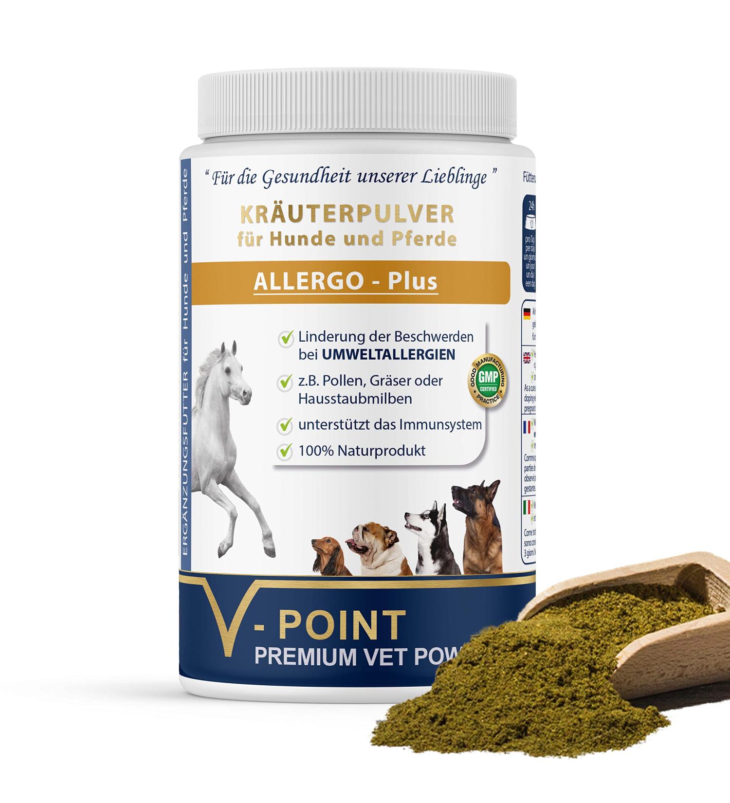V-Point Allergo Plus 500g - Premium Herbal Allergy Powder for Dogs & Horses | Pollen Grass Hay Dust Relief & Prevention - Buy Online on GoSupps.com