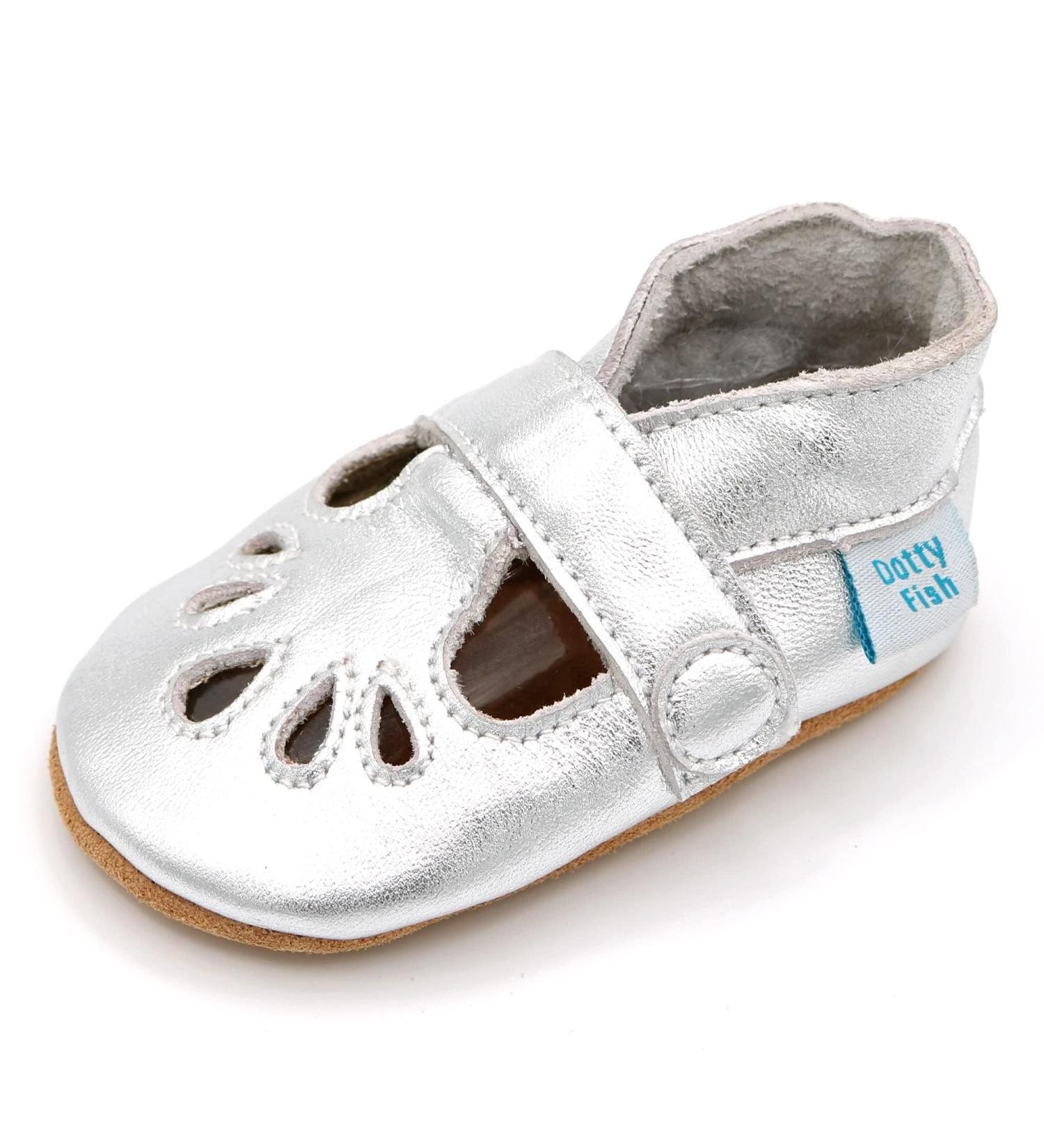Dotty Fish Soft Leather Baby Shoes - Classic T-Bar Girls Shoes | Non-Slip Suede Soles | Silver 12-18 Months - Buy Online on GoSupps.com