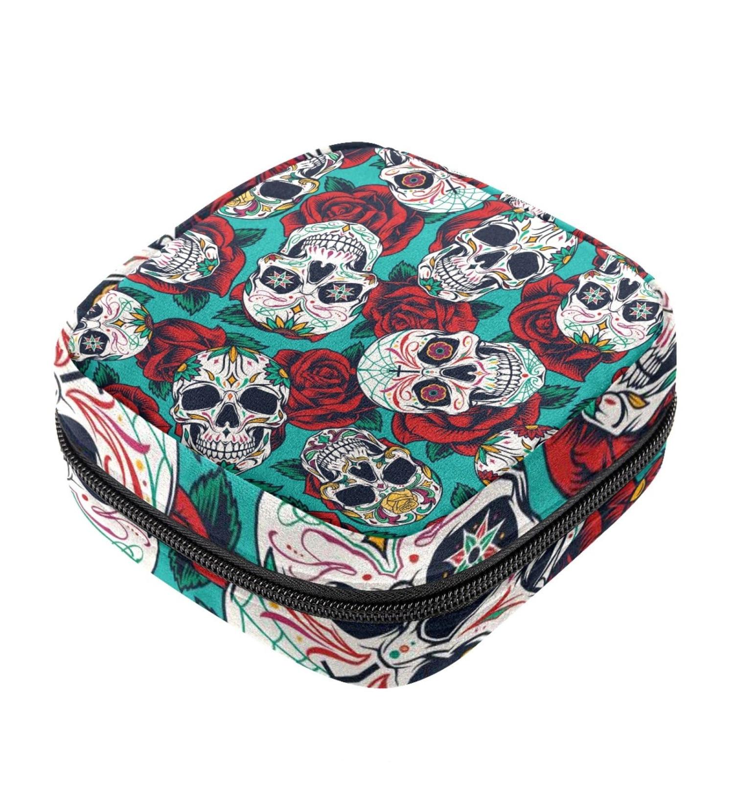 Rose Flower Skull Sanitary Napkin Storage Bag - Large Capacity, Menstrual Cup Pouch, Travel Portable Makeup Organizer - Color 1 - Buy Online on GoSupps.com