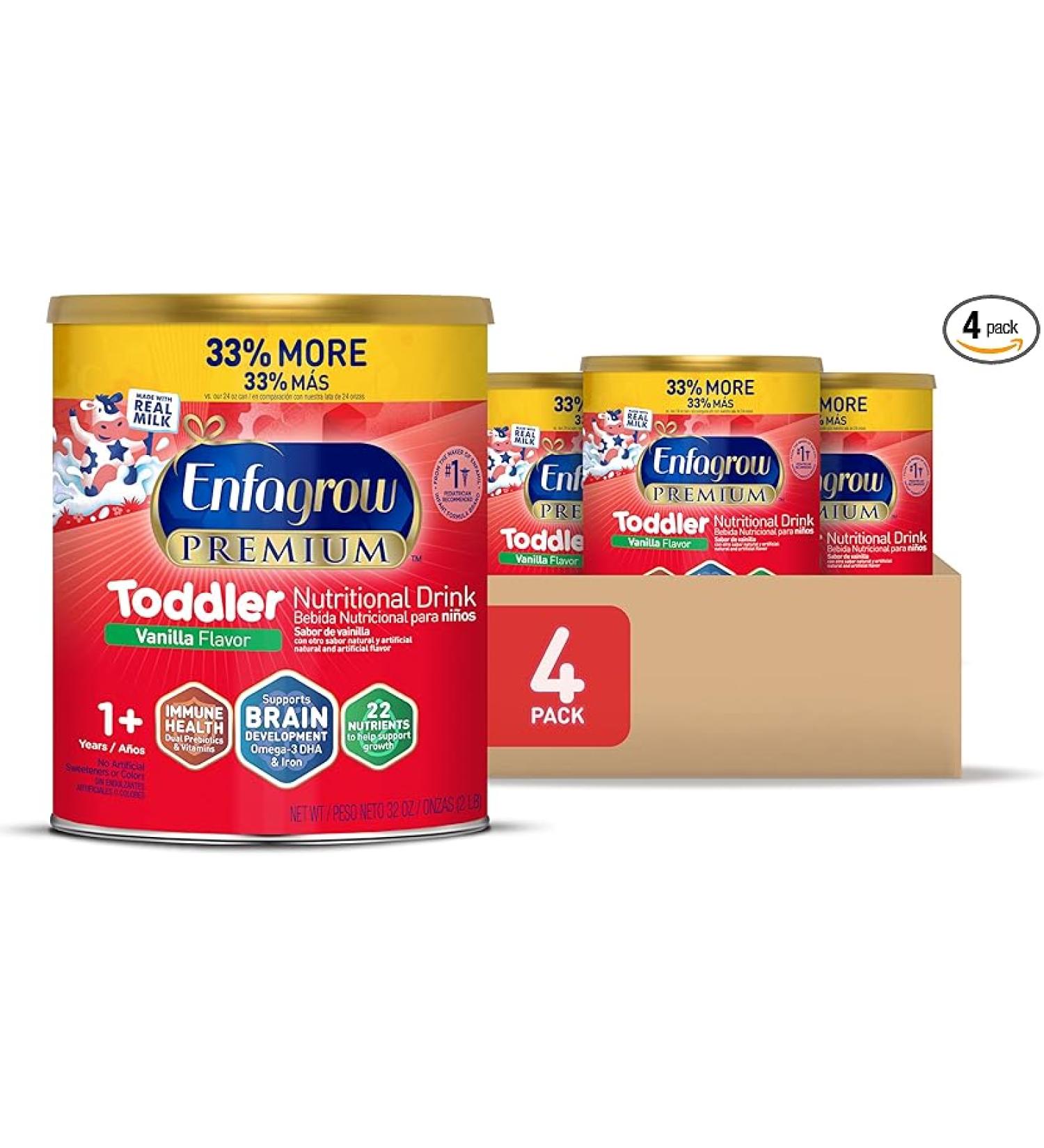 Enfagrow Premium Toddler Nutritional Drink Vanilla Flavor Omega-3 DHA for Brain Support Prebiotics & Vitamins for Immune Health  Powder Can 32 Oz Pack of 4 - Buy Online on GoSupps.com