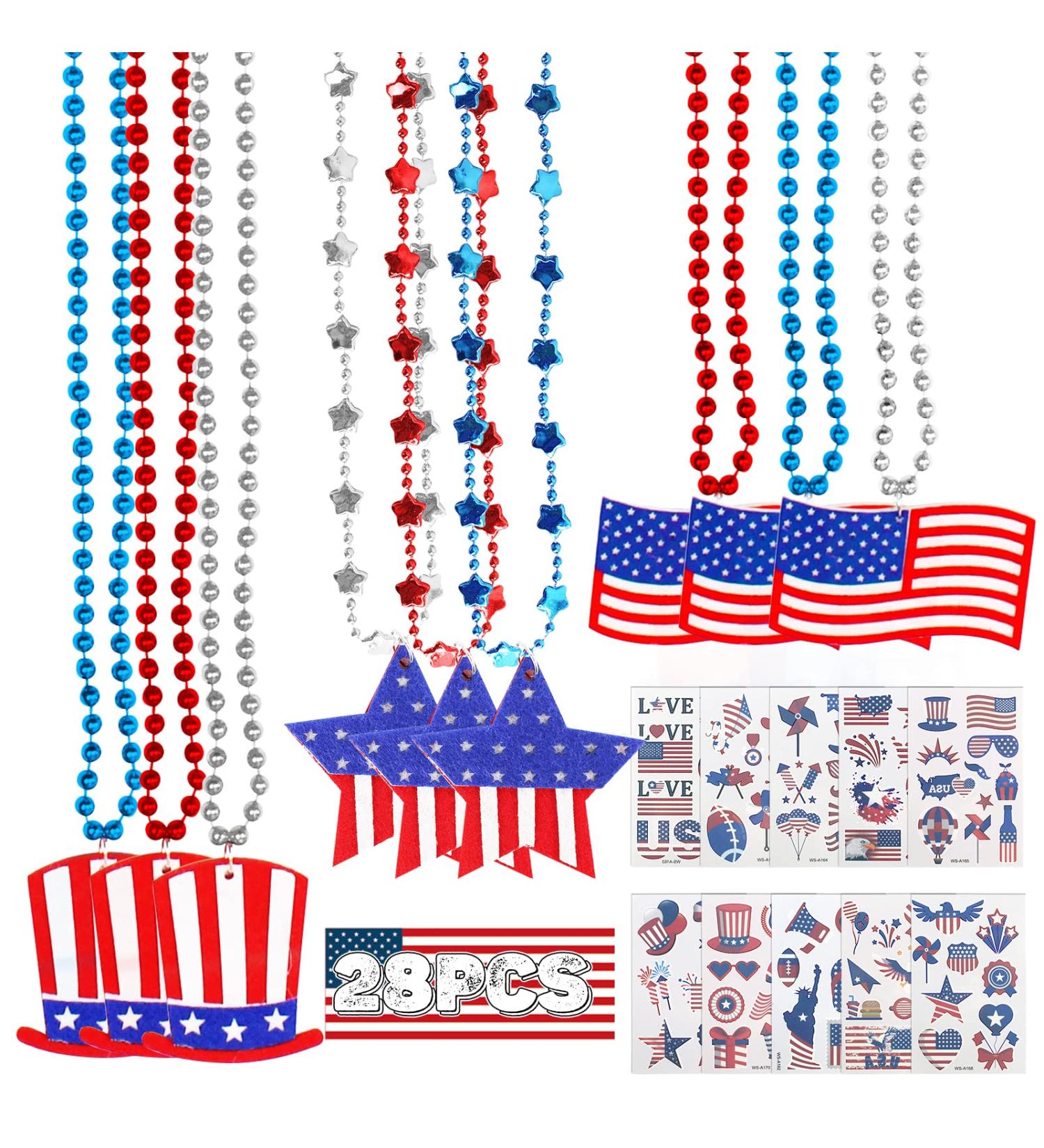 28 PCS 4th of July Accessories Party Favors: Patriotic Star Bead Necklaces and Temporary Tattoos - Independence Day Supplies for Kids and Adults - Buy Online on GoSupps.com