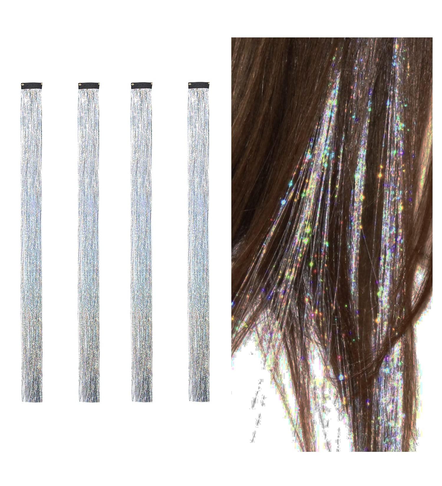 Glitzer Hair Strands - Silver Lametta Clip Extensions | 48cm Tinsel Hair Glitter Strands - Buy Online on GoSupps.com