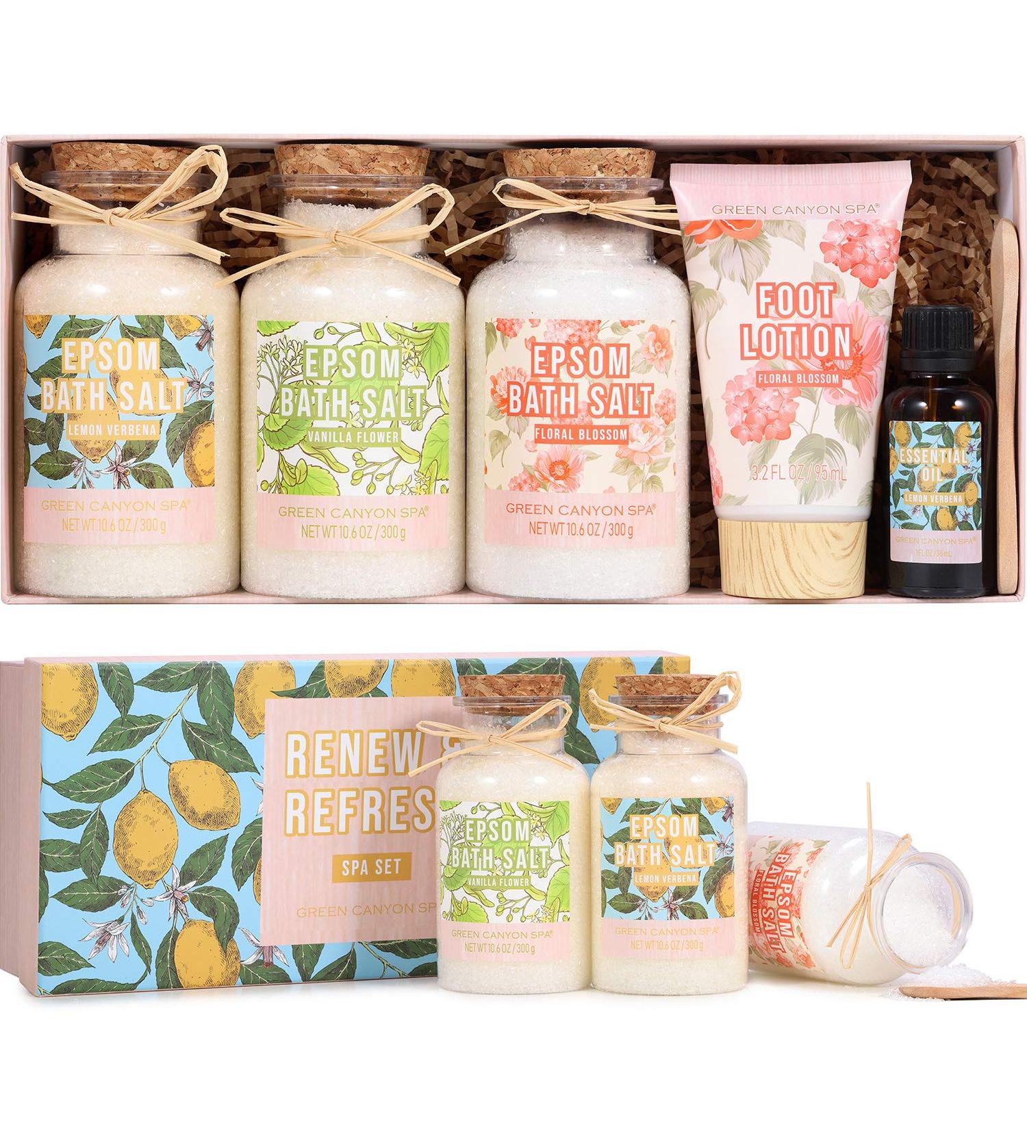 Foot Spa Kit: Epsom Salt Bath Salts Gift Set with Lemon Essential Oil - 3 *10.6oz Relaxing Foot Soak & Moisturizing Foot Lotion for Women - Perfect Gift Idea - Buy Online on GoSupps.com