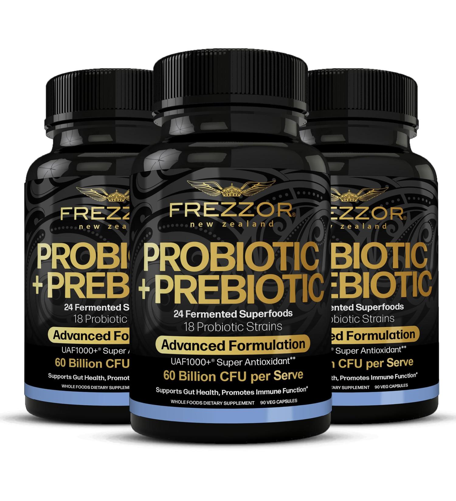 FREZZOR Probiotic + Prebiotic Capsules Once Daily 60 Billion CFUs Digestive Health for Men and Women 18 Strains Shelf Stable With Fermented Wholefoods Prebiotic & Fibre 270 caps 3 Month Supply