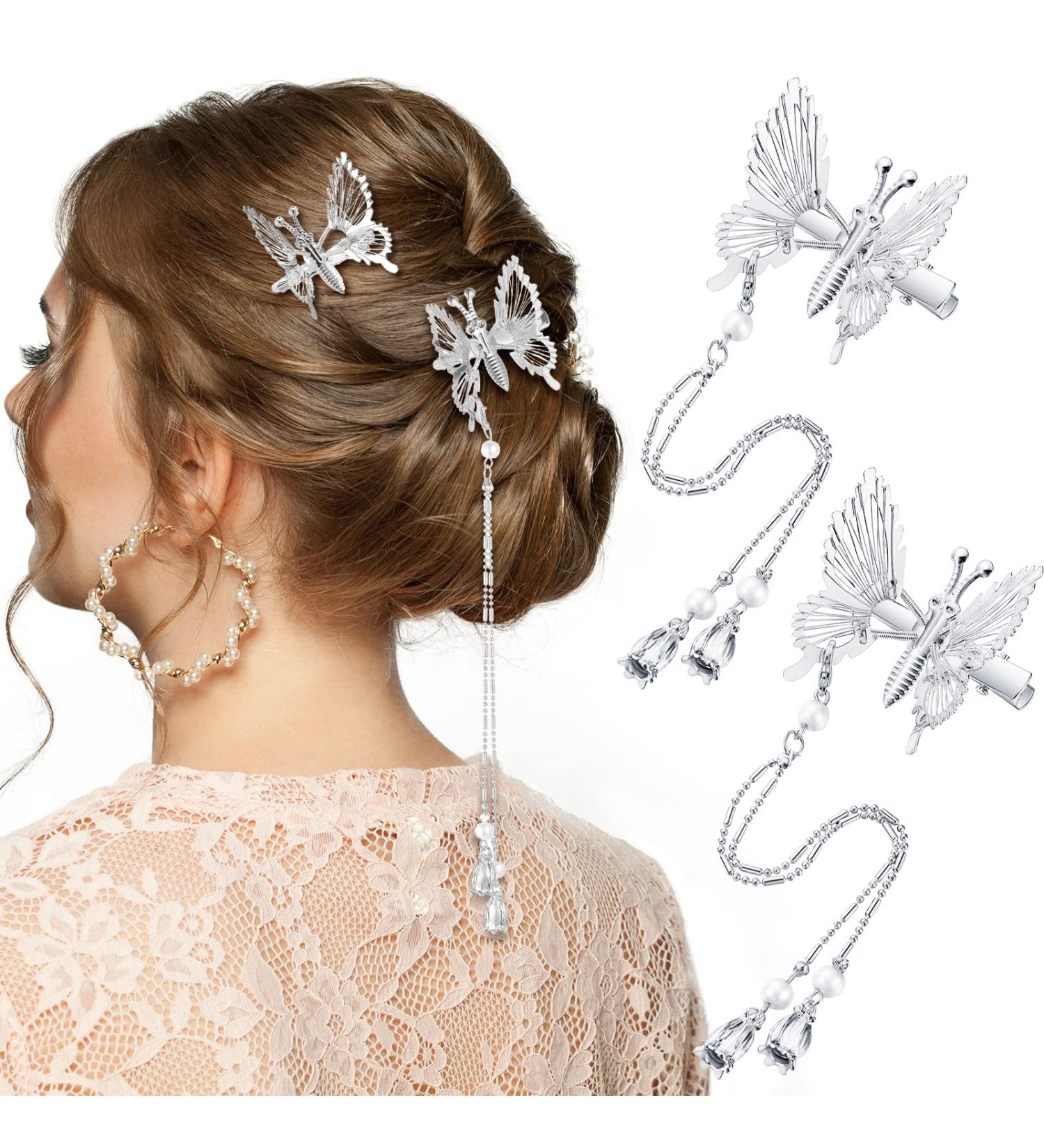 Elegant Tassel Butterfly Hair Clips - 4 Pcs Moving Antique Side Clips for Women and Girls - Silver - Buy Online on GoSupps.com