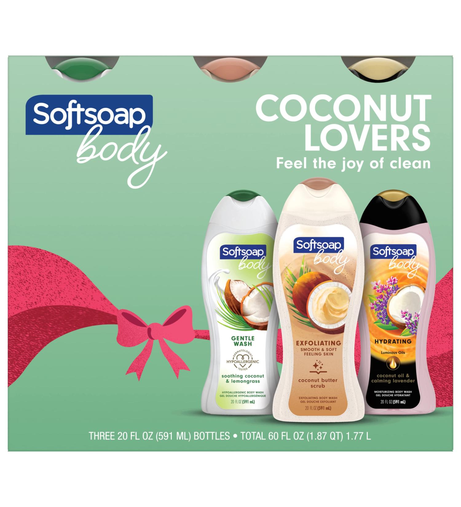Softsoap Holiday Body Wash Gift Set Coconut Lovers 3 Pack Holiday Body Wash Gift Set Coconut Lovers 3 Pack (Soothing Coconut & Lemongrass Coconut Butter Scrub Cicinut Oil & Calming Lavender)