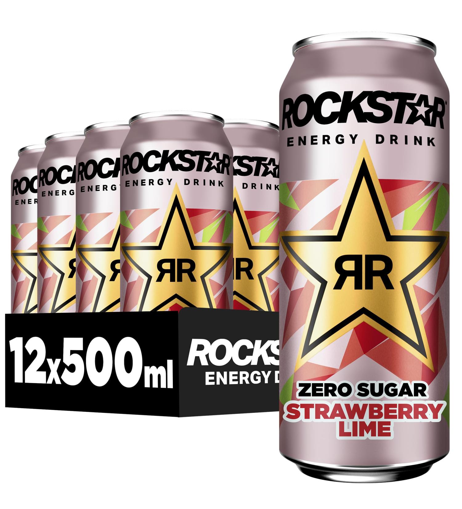 Rockstar Energy Drink Strawberry Lime Zero Sugar - Caffeinated Soft Drink (12 x 500ml) | Energy Boost with No Sugar | International Shipping Available - Buy Online on GoSupps.com