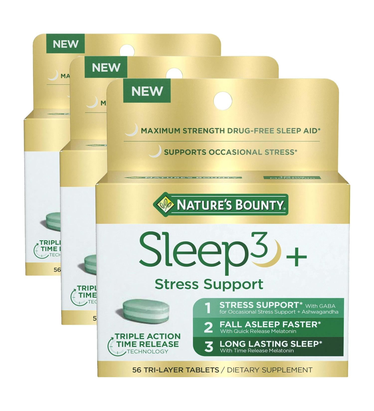 Nature's Bounty Stress Support Plus Melatonin Sleep3 Maximum Strength 100% Drug Free Sleep Aid Dietary Supplement with Ashwagandha Time Release Technology 10mg 56 Tri-Layered Tablets (Pack of 3) - Buy Online on GoSupps.com