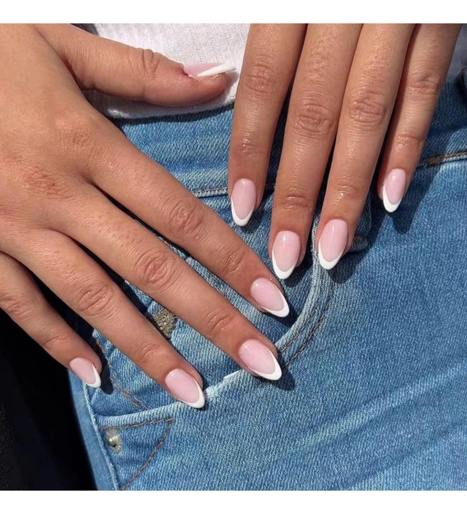 Justotry 24 Pcs Nude Oval & White French Press-On Nails | Glossy Almond Acrylic Fingernails for Women - Buy Online on GoSupps.com