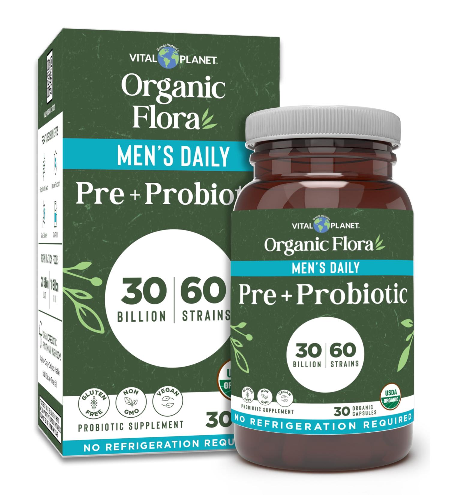 Vital Planet - Organic Flora Probiotics for Men Men's Daily Shelf Stable Probiotic 30 Billion CFU 60 Diverse Strains Prebiotic Organic Mushroom Blend Immune and Digestive Health 30 Capsules - Buy Online on GoSupps.com