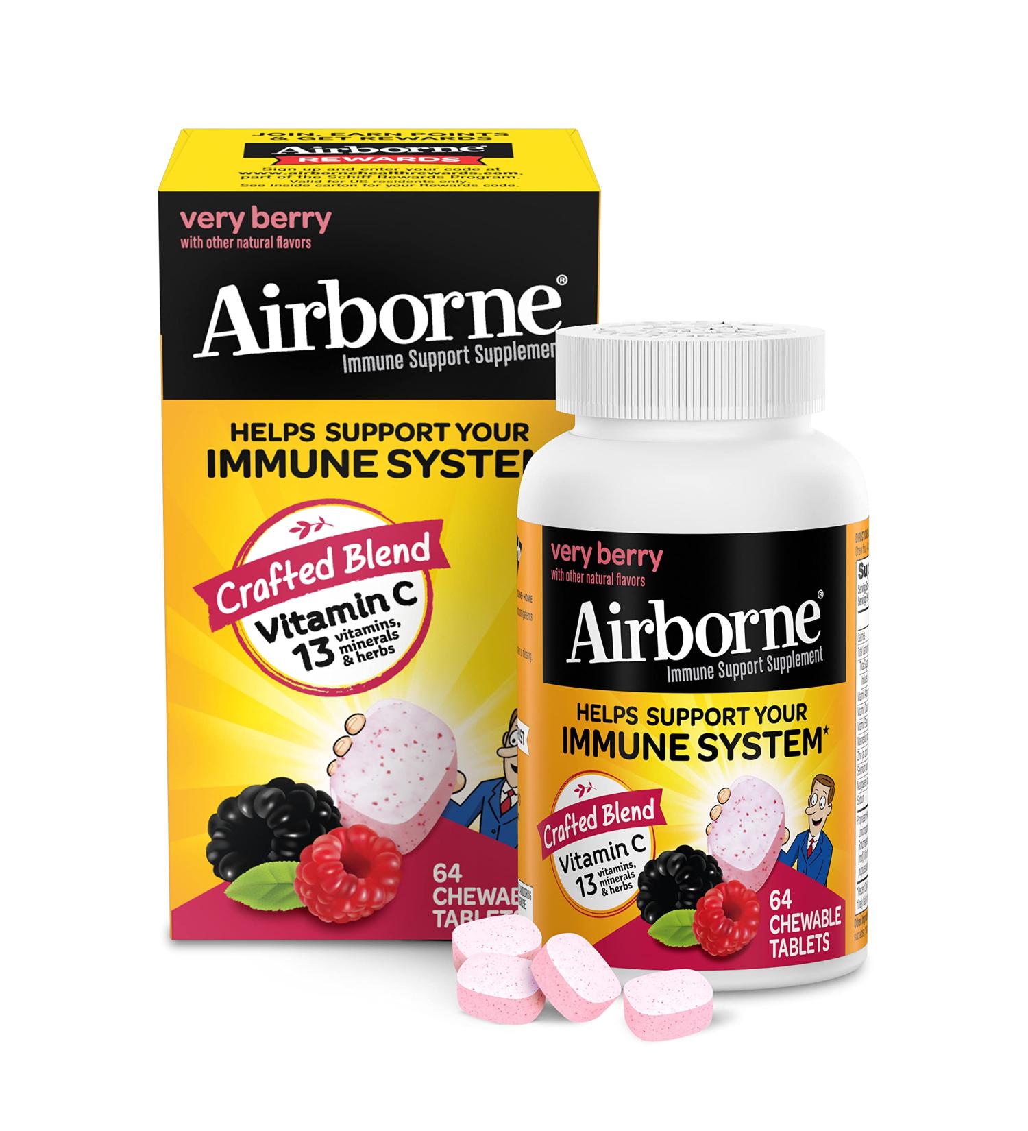 Airborne 1000mg Vitamin C Chewable Tablets with Zinc - 64 Chewable Tablets, Very Berry Flavor, Immune Support Supplement - Buy Online on GoSupps.com