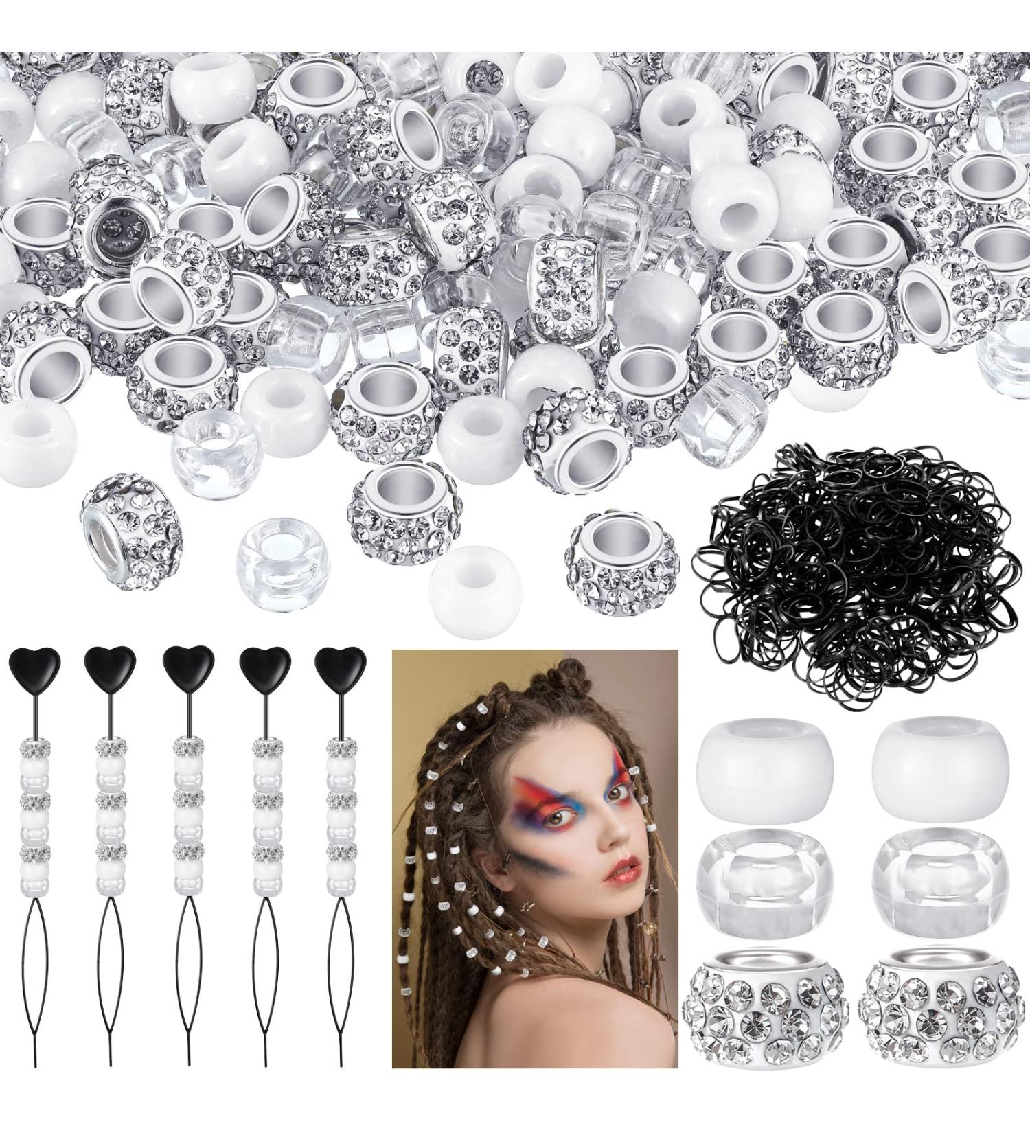 1355pc Diamond Beads for Hair Braids | 100 Large Hole Rhinestone Beads | 800 Clear Pony Beads | 450 Black Elastic Bands | Quick Beader Set for Women/Girls - Buy Online on GoSupps.com