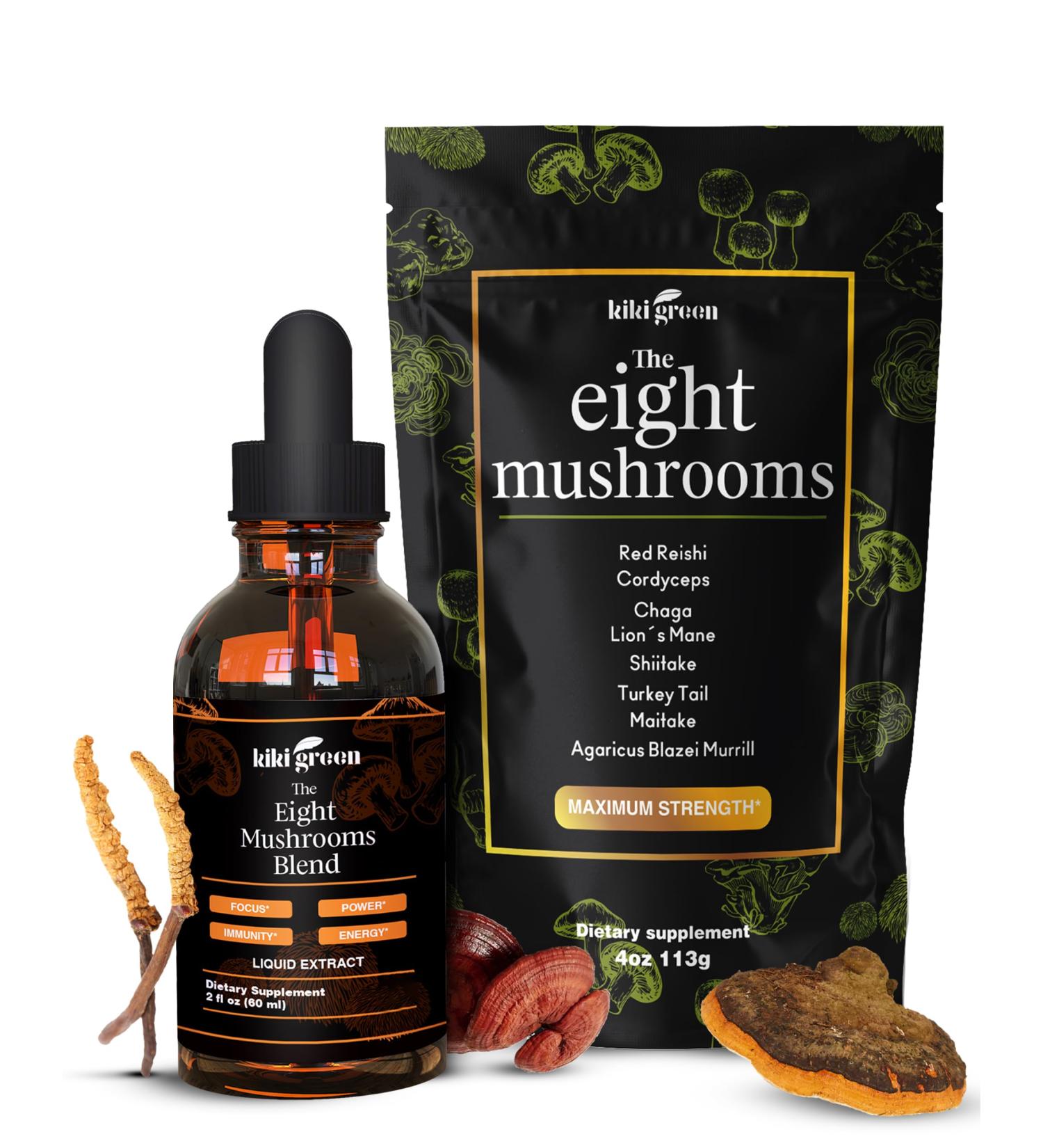 KIKI Green 8 Mushrooms Powder & Liquid Extract Bundle - Mushroom Supplement Complex for Focus & Energy - Lion's Mane, Chaga, Cordyceps, Turkey Tail, Reishi, Shiitake, Maitake - 4 oz, 2 fl oz - Buy Online on GoSupps.com